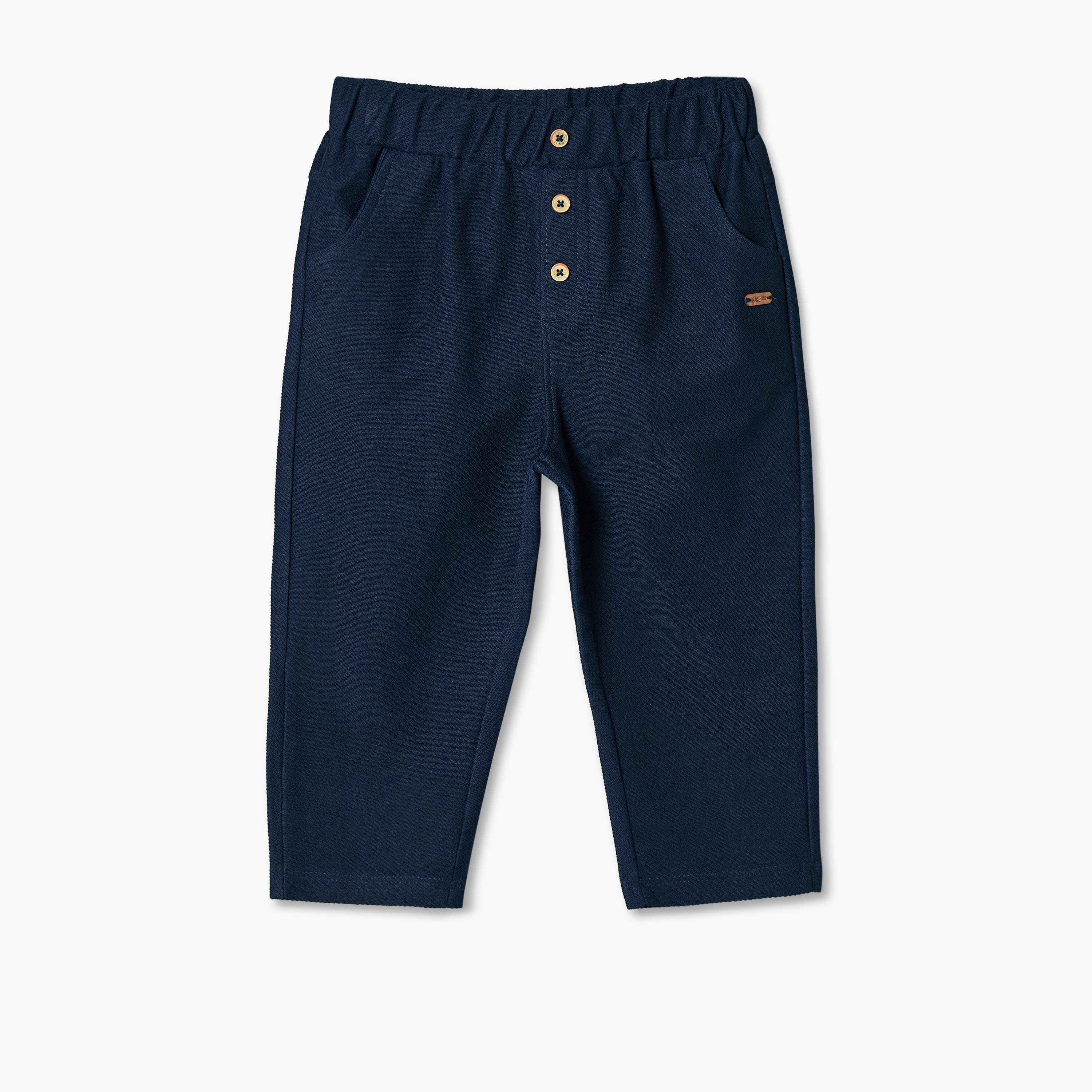 Giggles Elasticated Waist Regular Fit Pants with Button Accent-baby-boys-clothing-bottoms-trousers-image-2