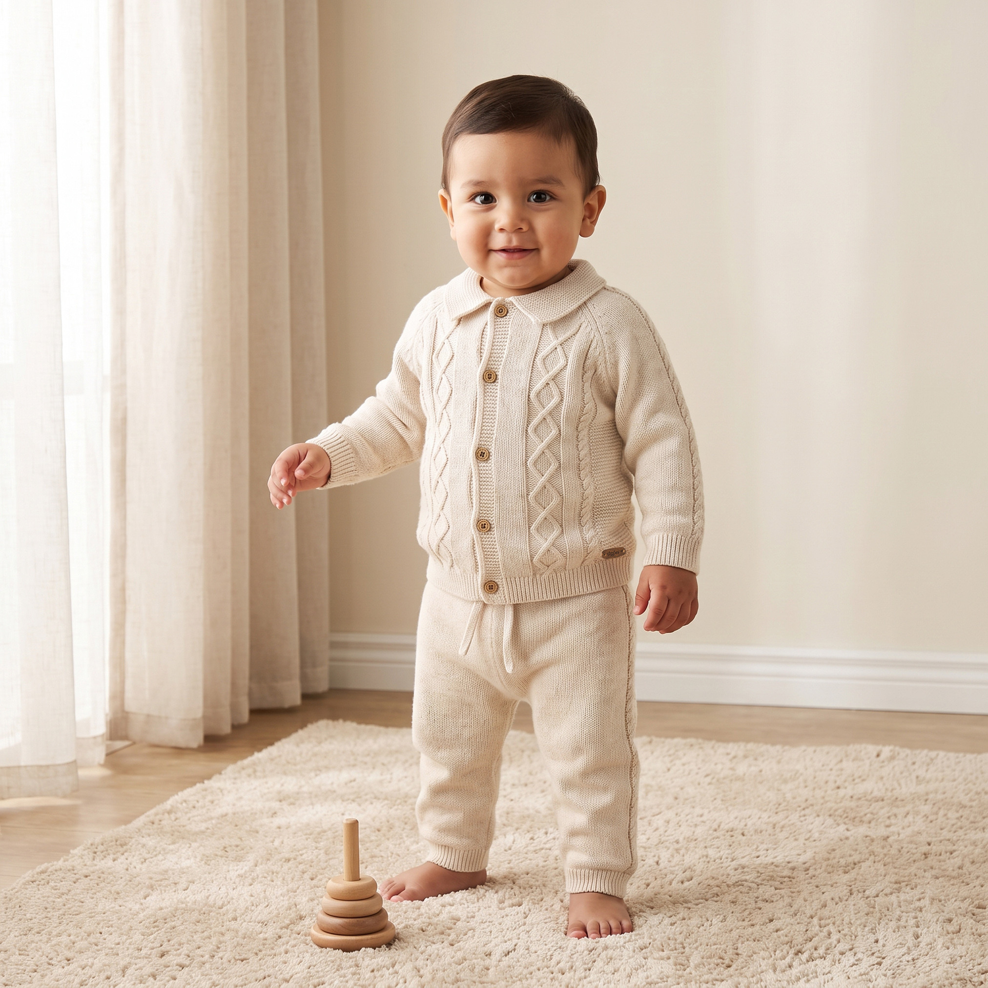 Giggles Collared Long Sleeves Cardigan and Jogger Set with Knitted Texture-baby-boys-clothing-winterwear-setsandcoords-image-1