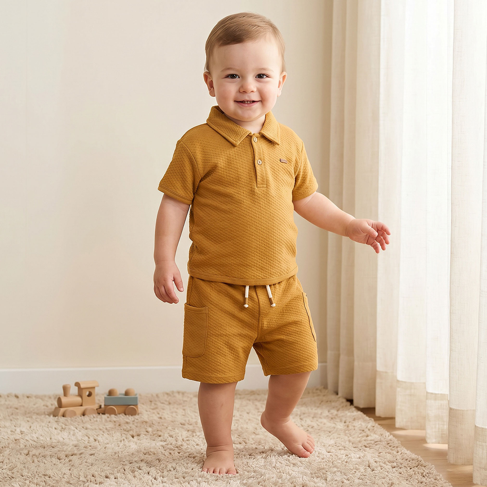 Giggles Collared Short Sleeves Polo T-shirt and Shorts Set with Textured Design-baby-boys-clothing-setsandcoords-image-1