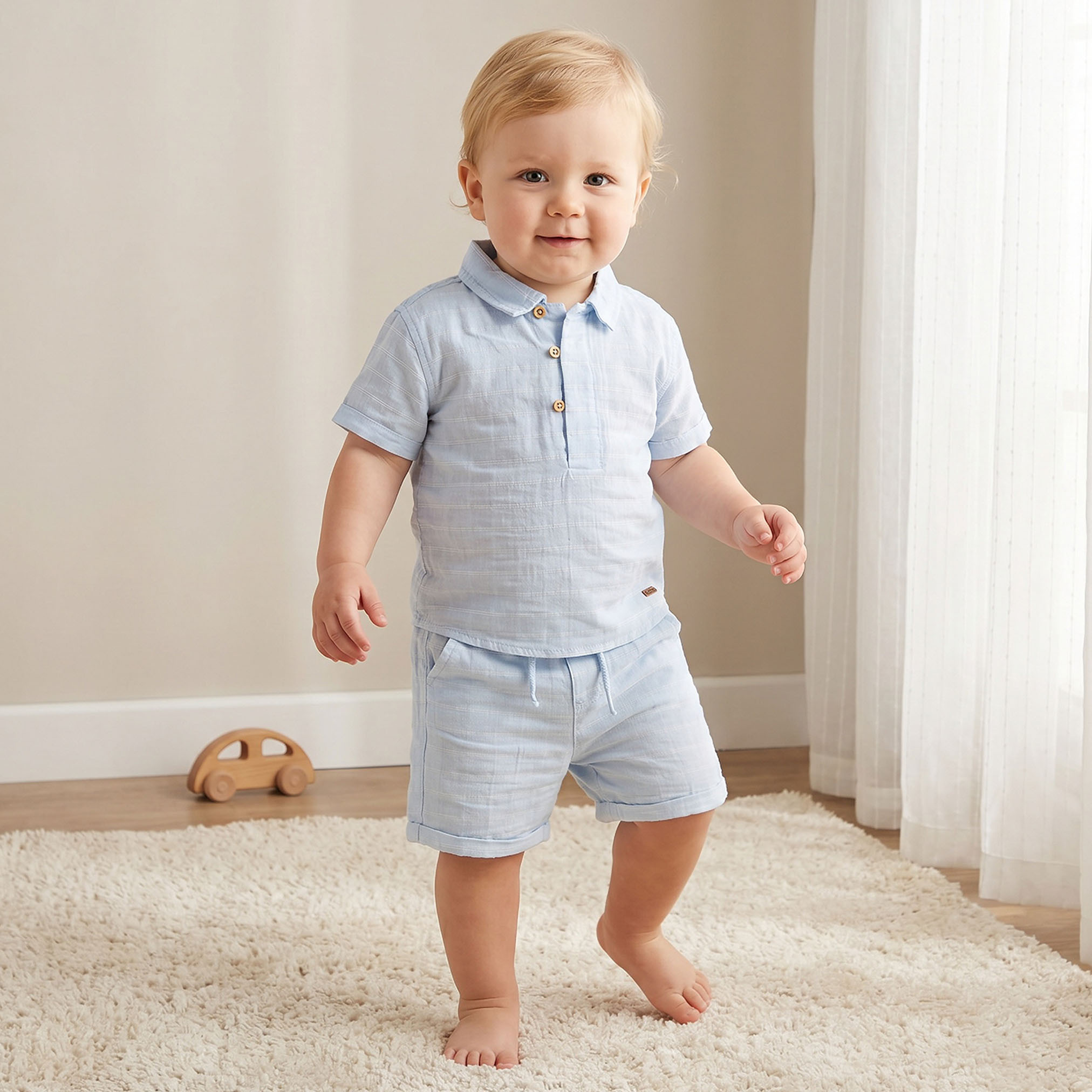 Giggles Collared Short Sleeves T-shirt and Shorts Set with Striped Design-baby-boys-clothing-setsandcoords-image-1