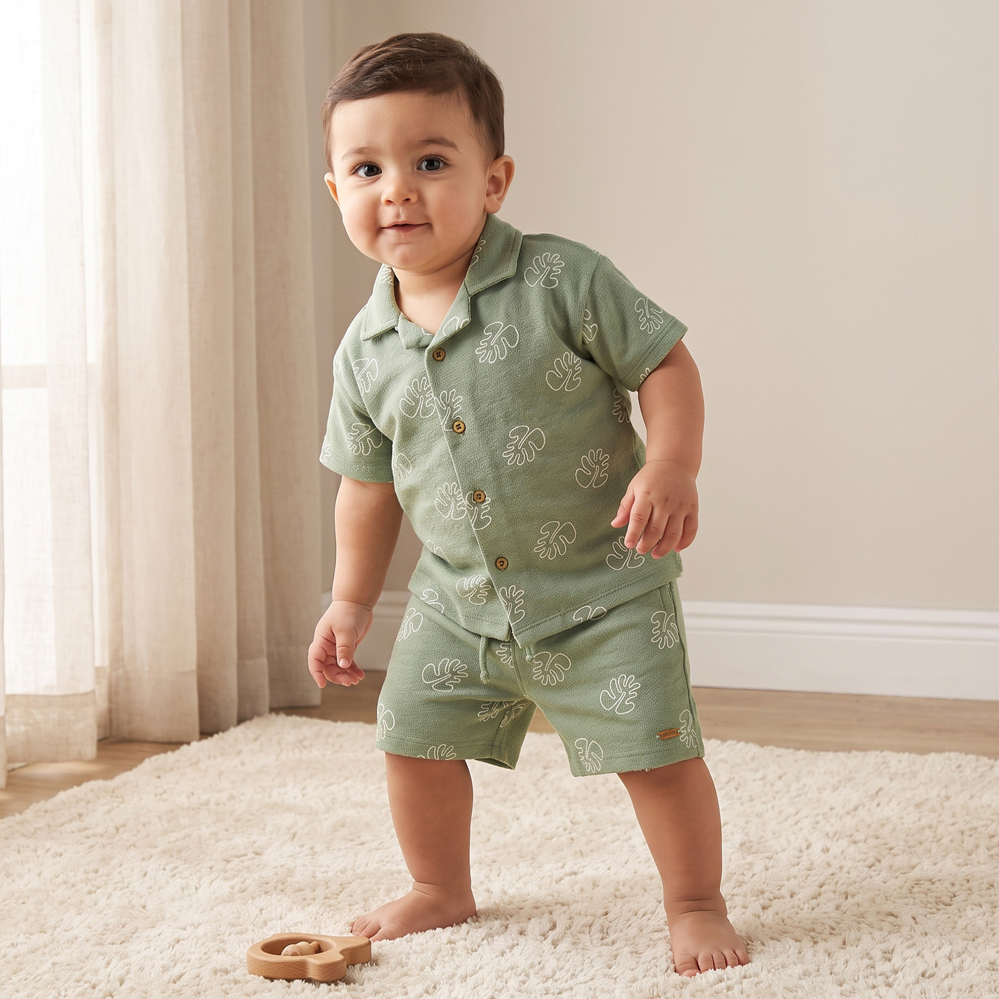 Giggles Camp Collar Short Sleeves Shirt and Shorts Set with Leaf Print-baby-boys-clothing-setsandcoords-image-1