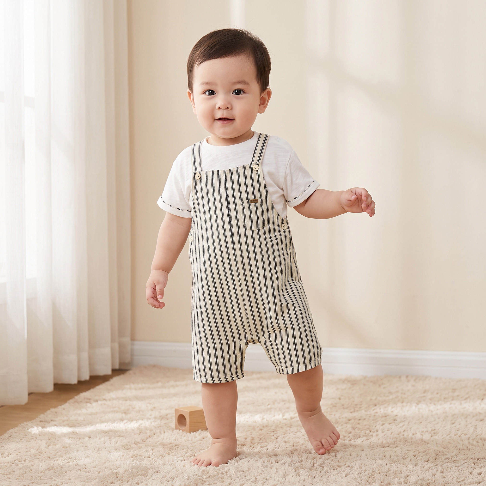 Giggles Crew Neck Short Sleeves T-shirt and Dungarees Set with Stripes-baby-boys-clothing-setsandcoords-image-1
