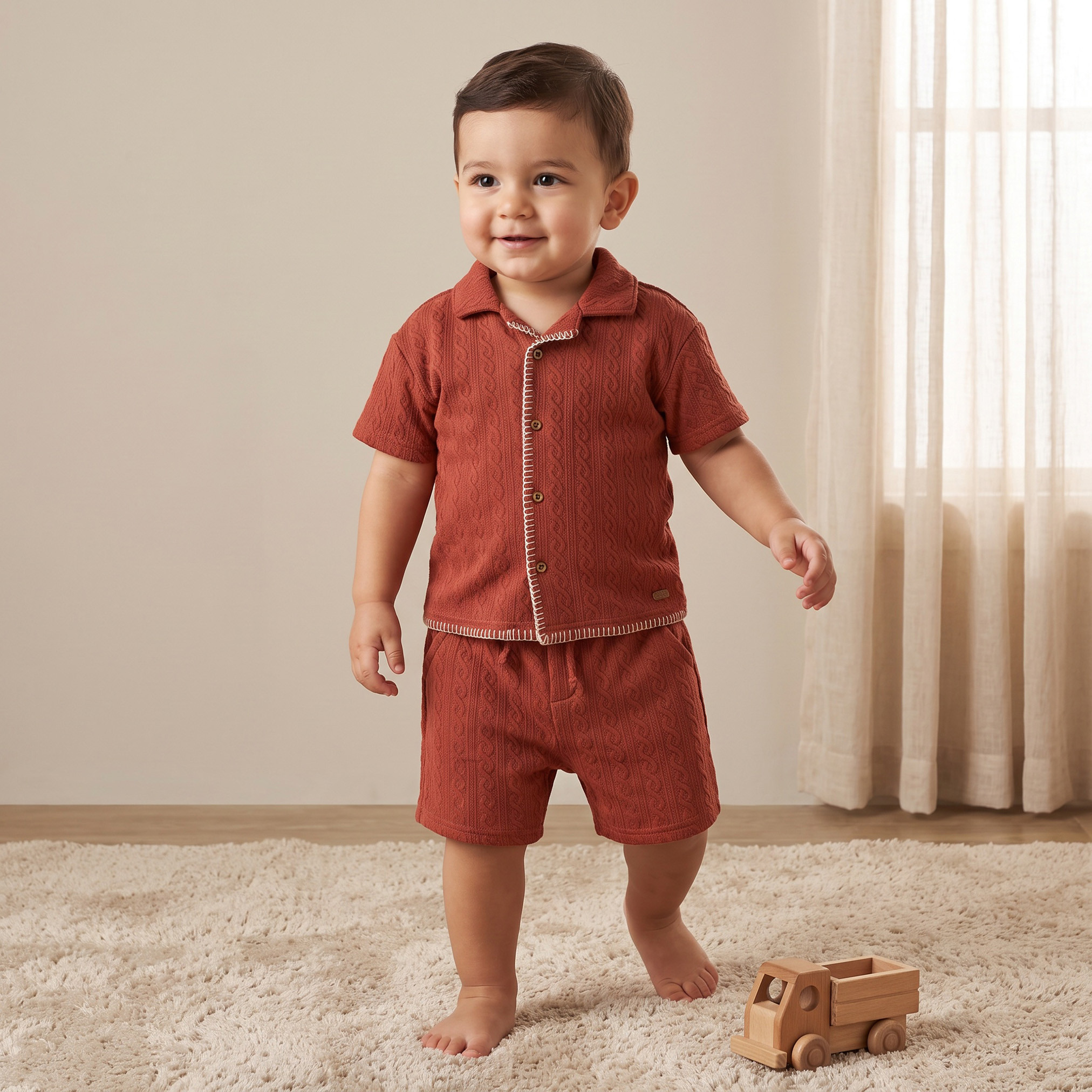 Giggles Collared Short Sleeves Shirt and Shorts Set with Cable Knit-baby-boys-clothing-setsandcoords-image-1