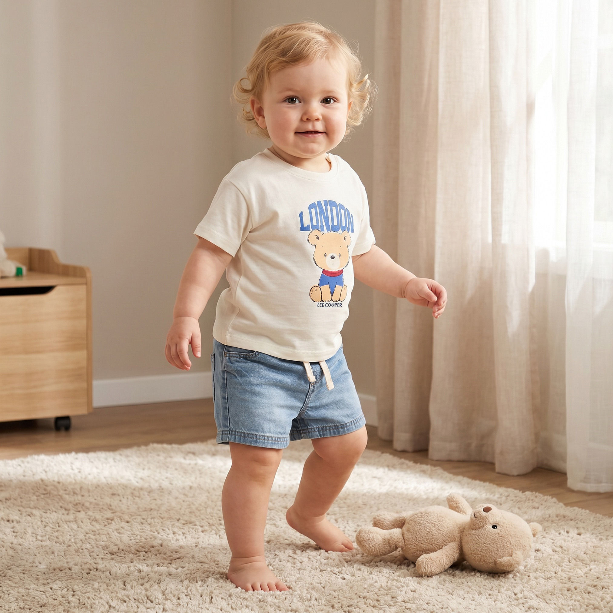 طقم تيشرت قطن بياقة مستديرة وأكمام قصيرة وشورت جينز بطبعات من لي كوبر-baby-boys-clothing-setsandcoords-image-1