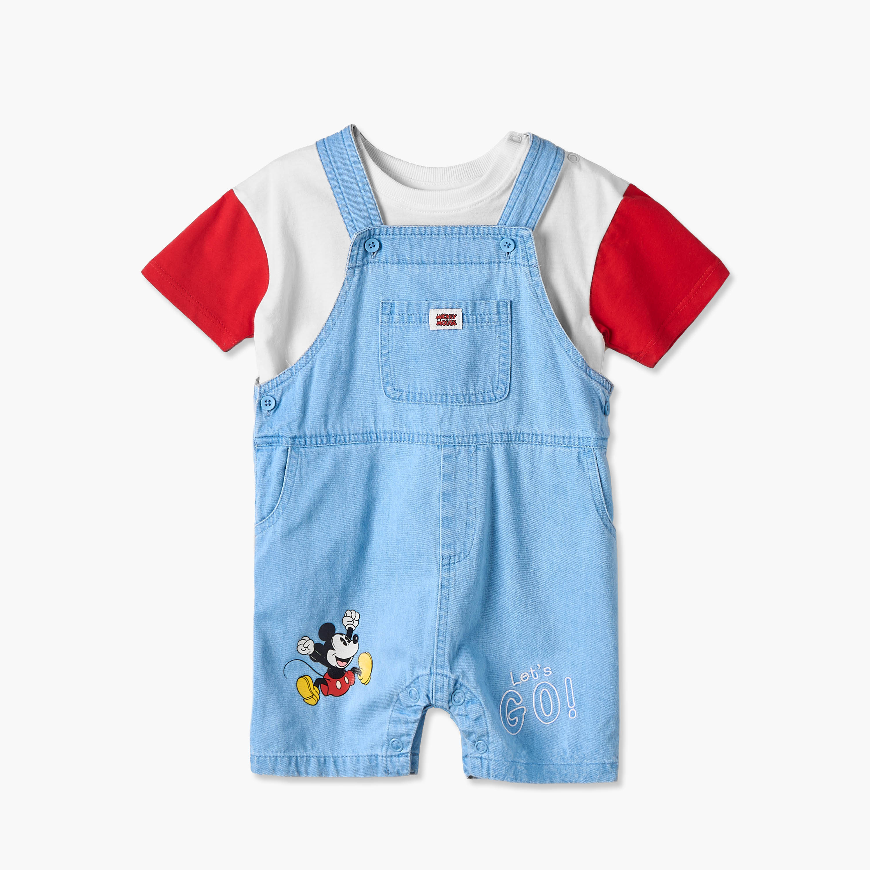 طقم تيشيرن برقبة ضيقة وأكمام قصيرة مع دنغري بطبعات ميكي ماوس من ديزني-baby-boys-clothing-setsandcoords-image-1