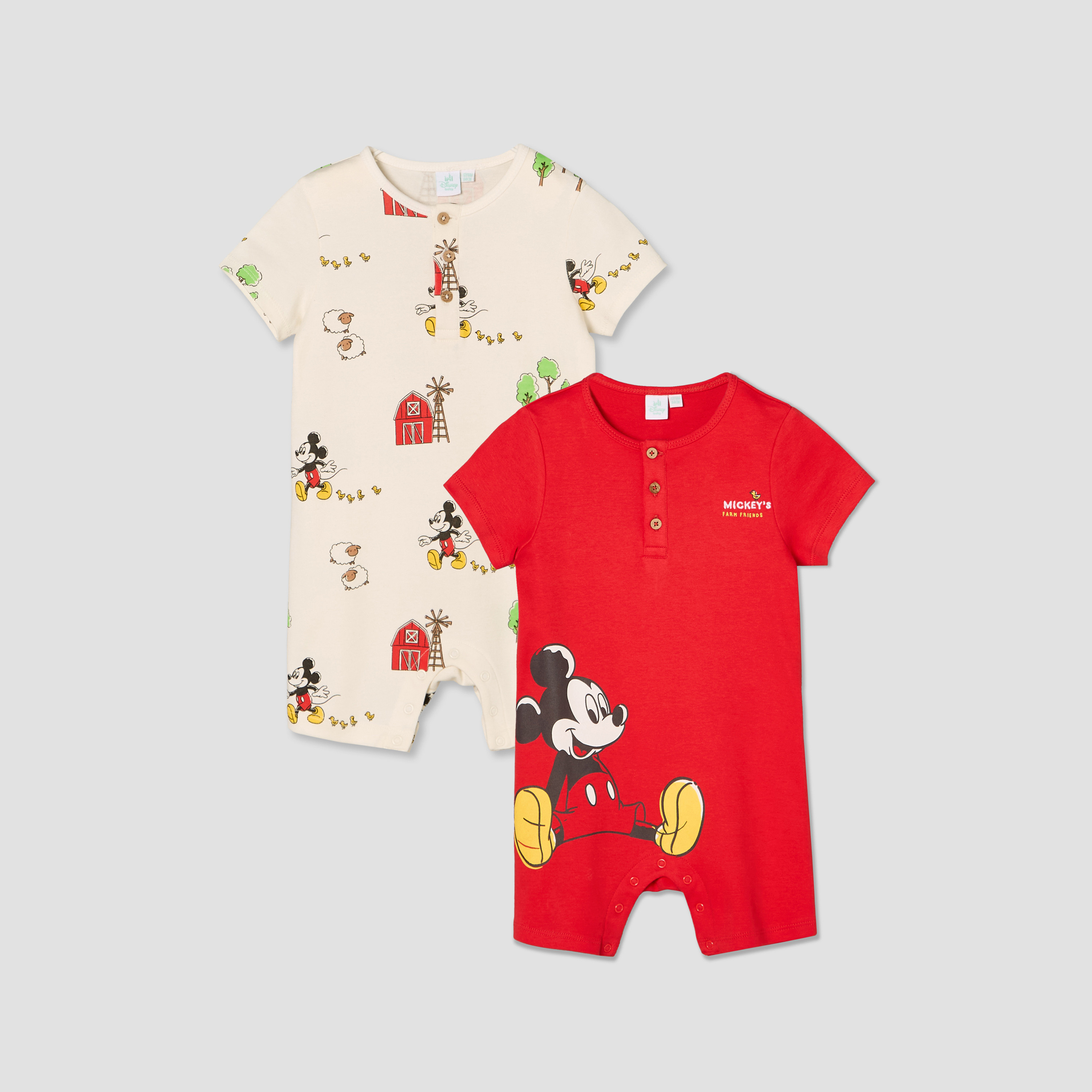 Pack of 2 Disney Round Neck Short Sleeves Romper with Mickey Mouse Print-baby-boys-clothing-rompers-image-1