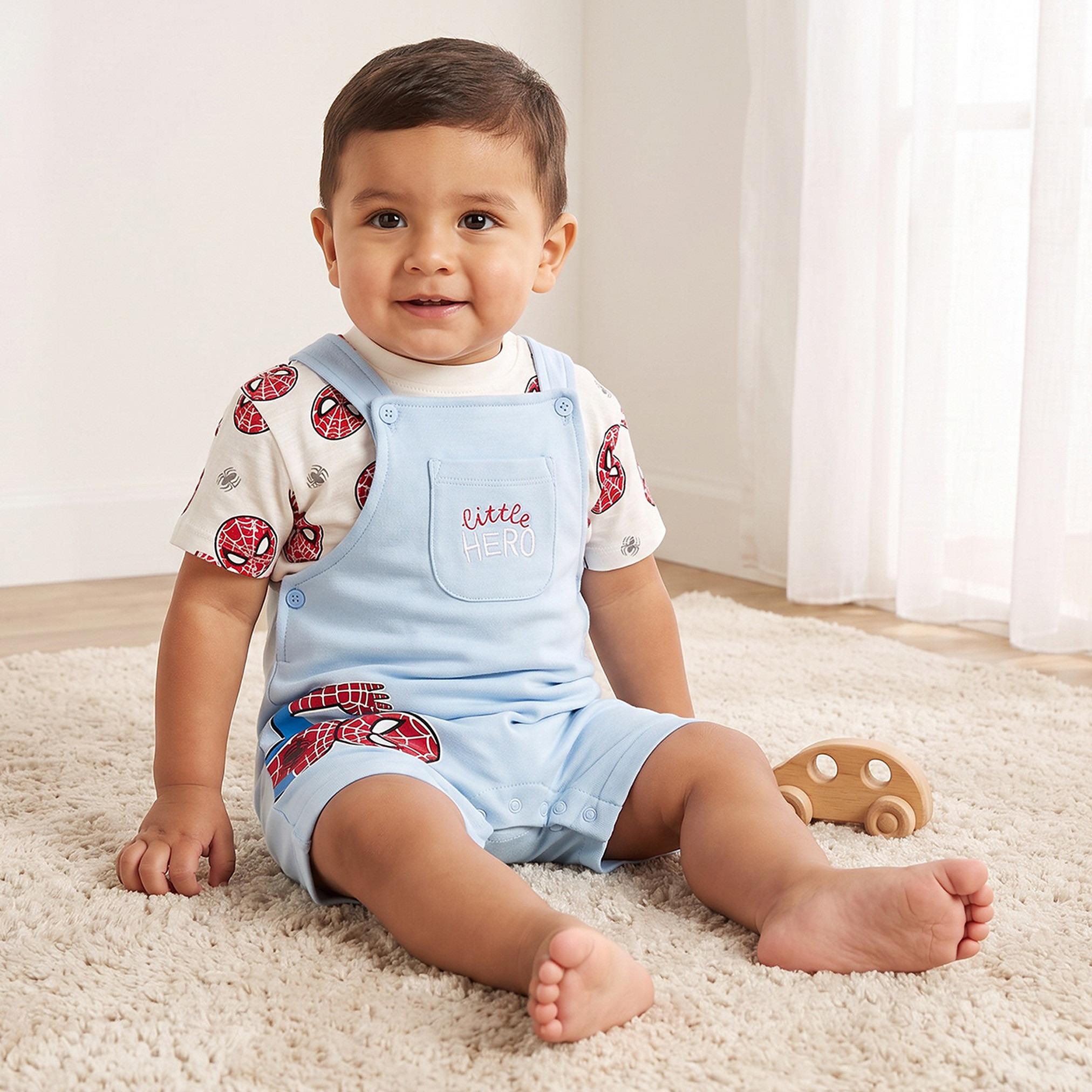 Round Neck Short Sleeves T-shirt and Dungaree Set with Spider-Man Print-baby-boys-clothing-setsandcoords-image-1