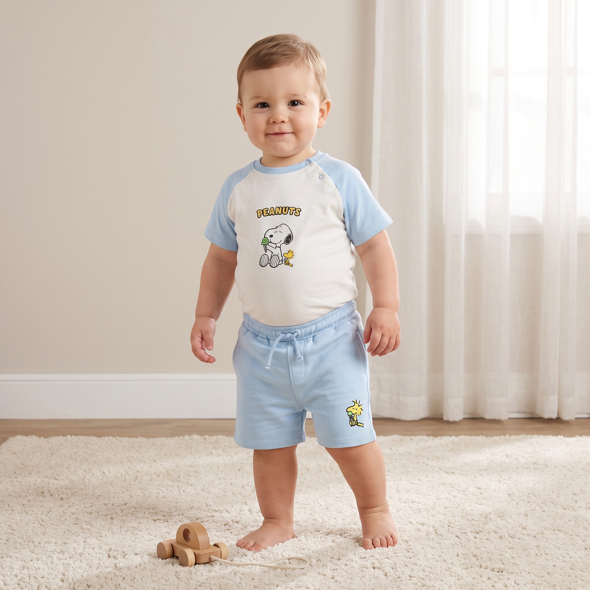 Crew Neck Short Sleeves T-shirt and Shorts Set with Snoopy Print-baby-boys-clothing-setsandcoords-image-1