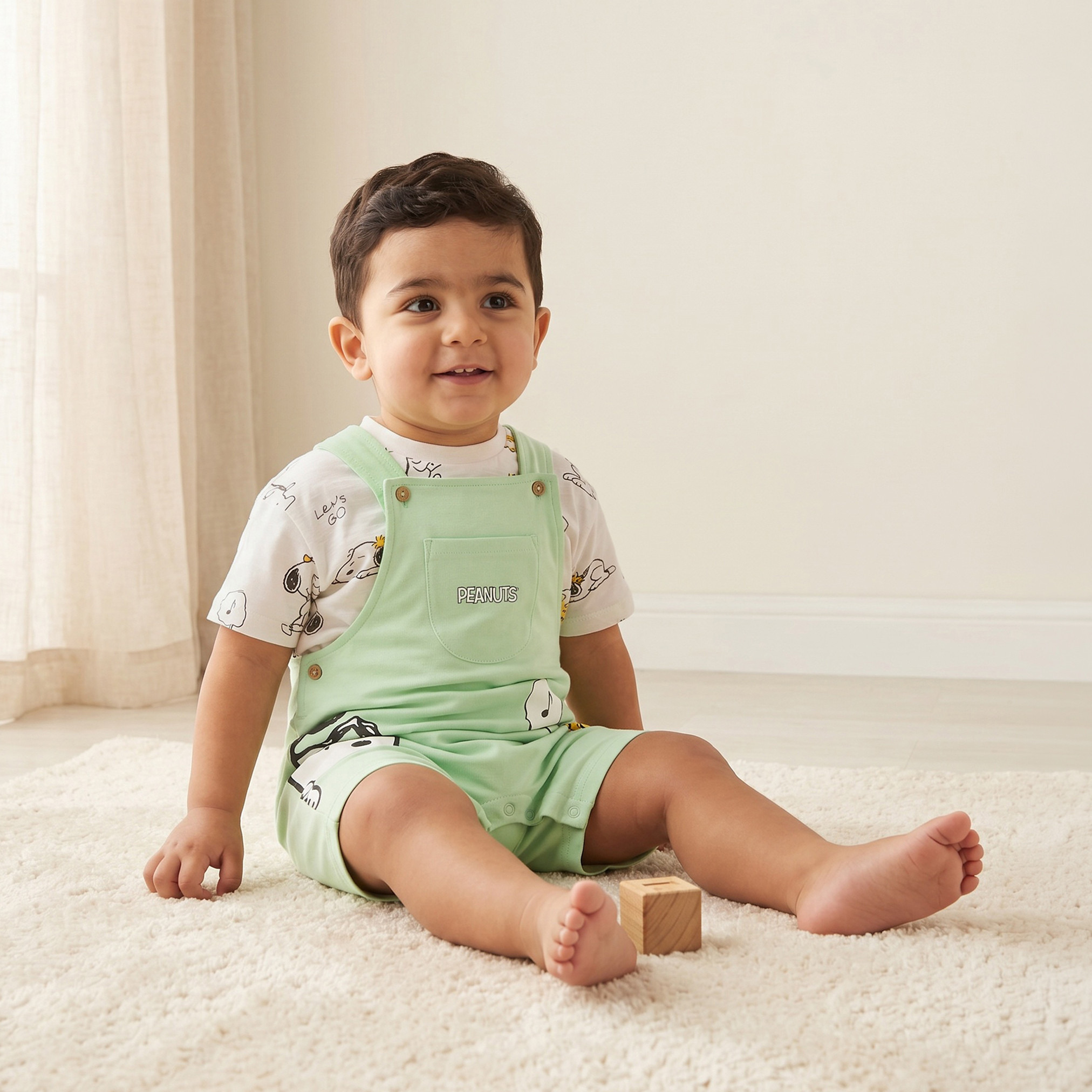 Crew Neck Short Sleeves T-shirt and Dungaree Set with Snoopy Print-baby-boys-clothing-setsandcoords-image-1