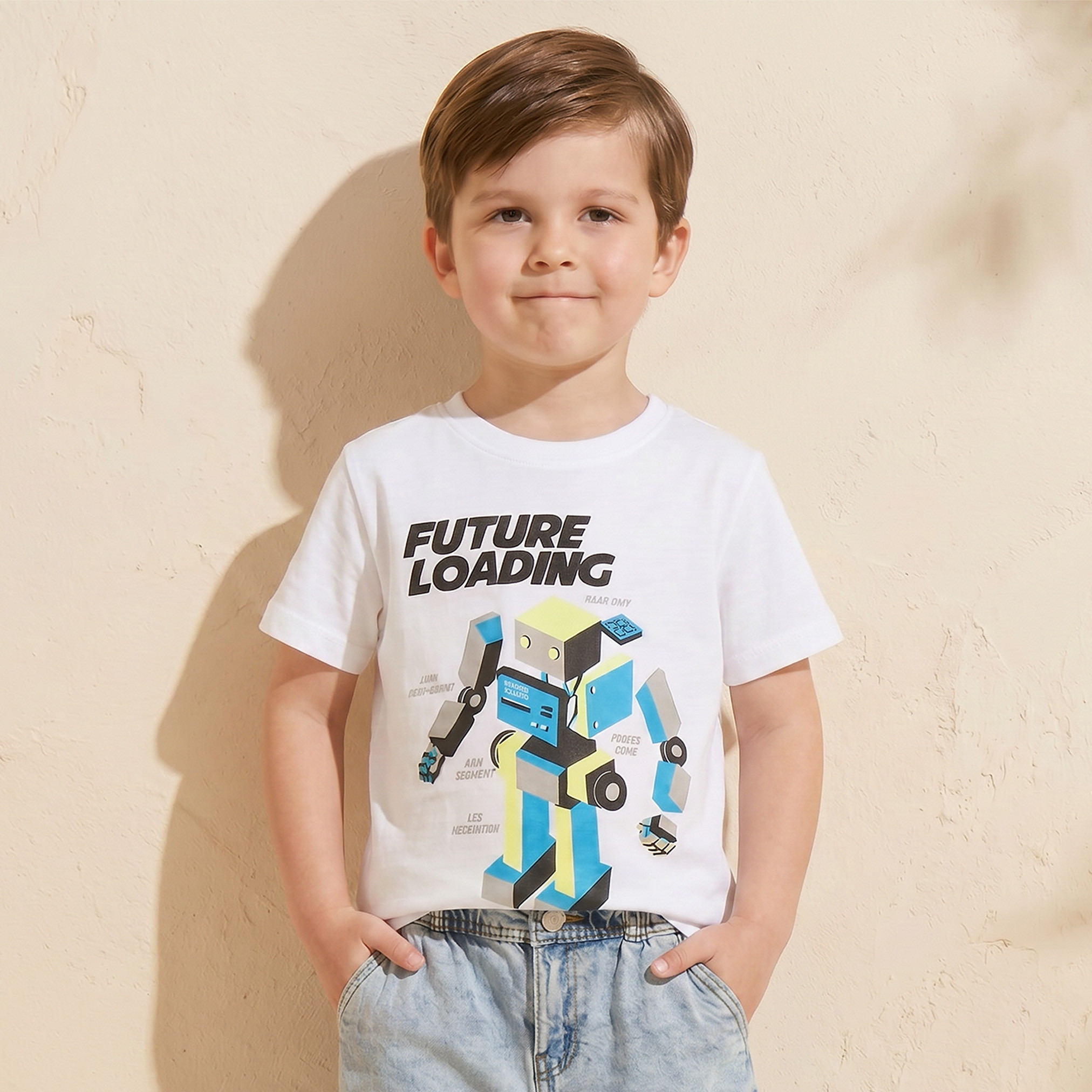 تيشيرت بياقة ضيقة وأكمام قصيرة وطبعات روبوت من جونيورز-boys-clothing-tshirtsandpolos-image-1