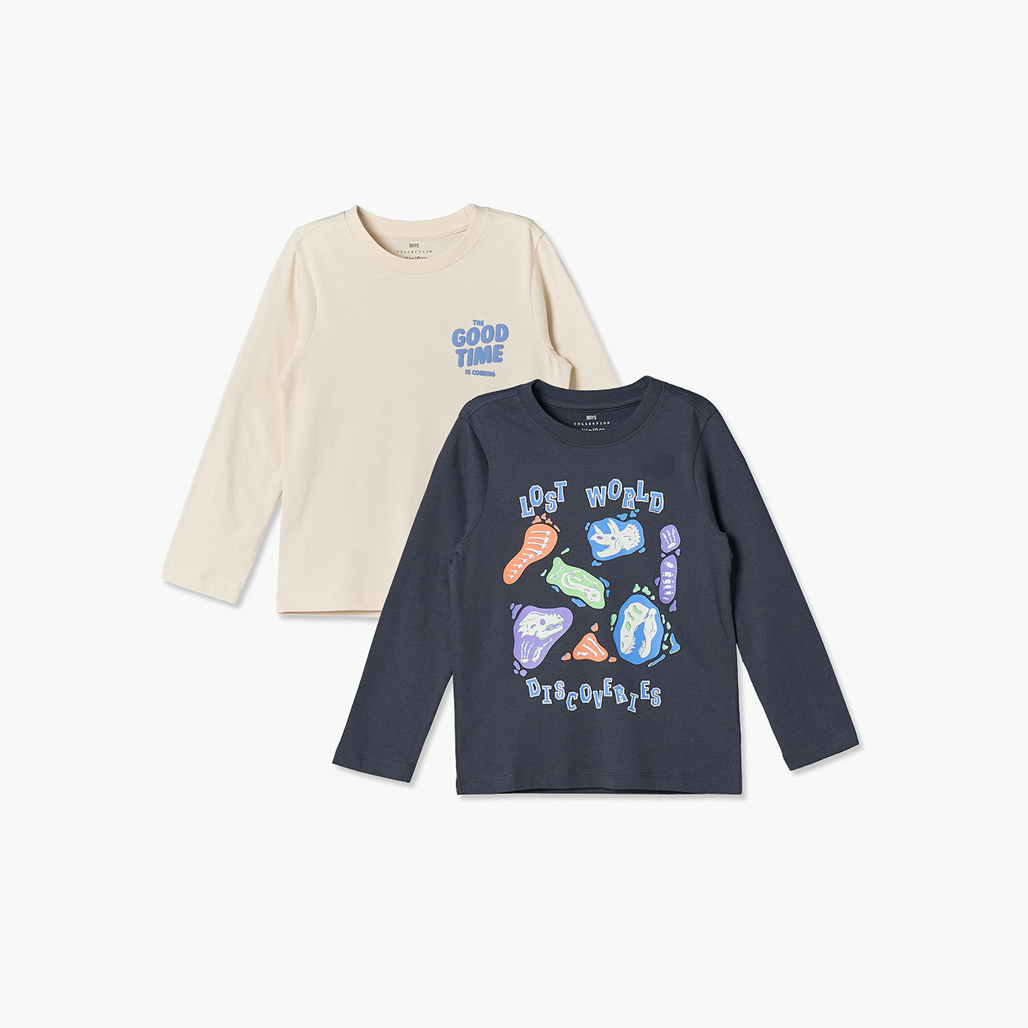 Pack of 2 Juniors Crew Neck Long Sleeves T-shirt with Dinosaur Print-boys-clothing-tshirtsandpolos-image-1