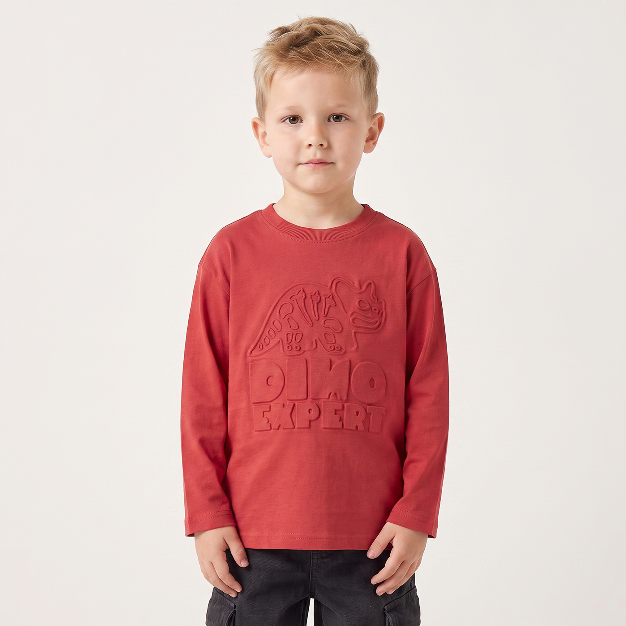 Juniors Crew Neck Long Sleeves T-shirt with Embossed Dinosaur-boys-clothing-tshirtsandpolos-image-1