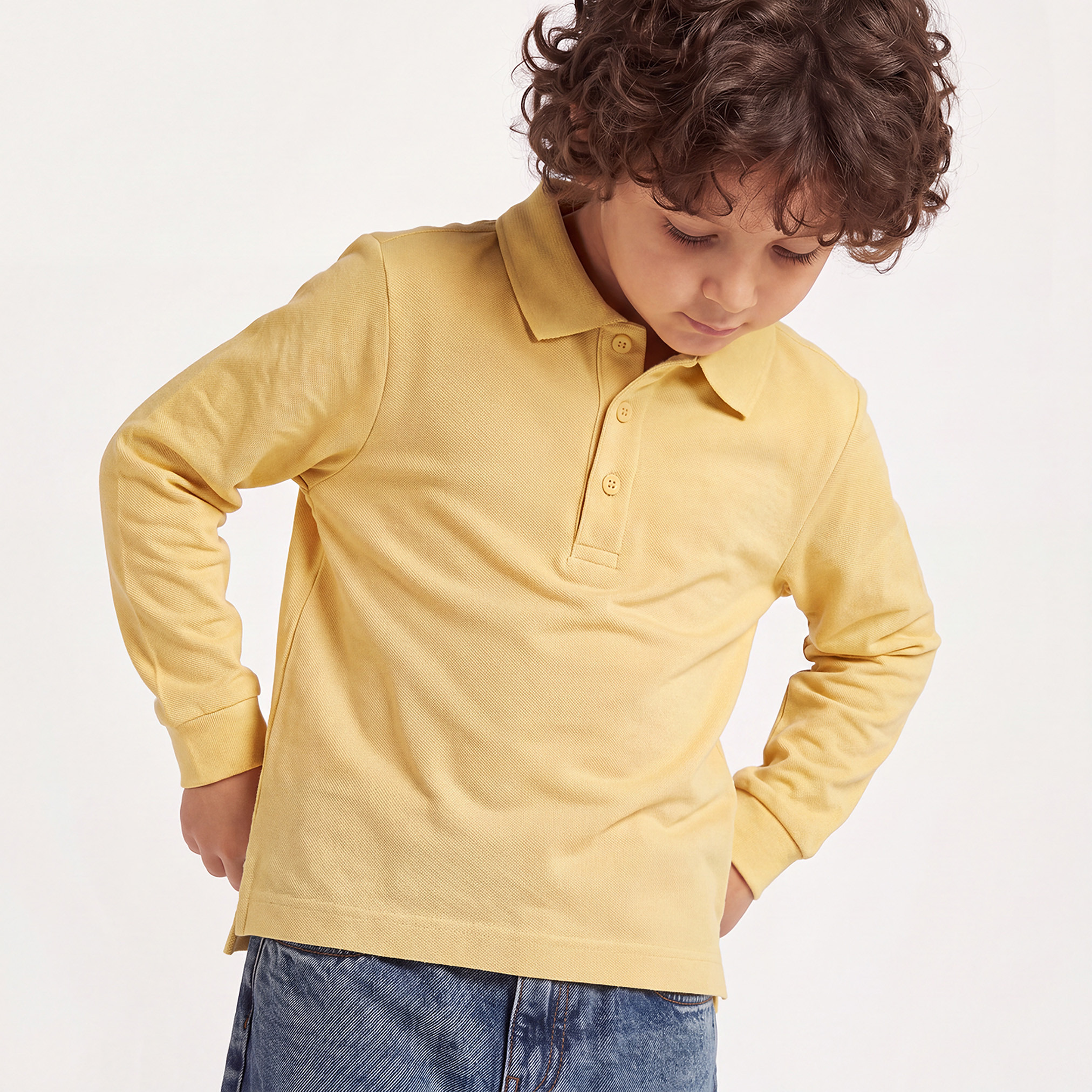 تيشيرت بولو بارز الملمس بأكمام طويلة وياقة عادية من جونيورز-boys-clothing-tshirtsandpolos-image-1