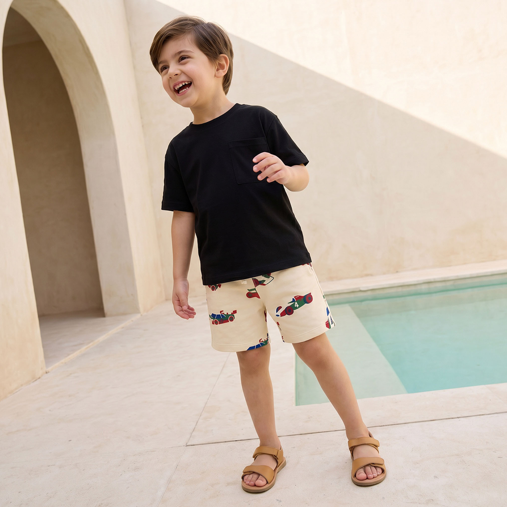 Juniors Knee Length Elasticated Drawstring Waist Shorts with Racing Car Print-boys-clothing-bottoms-shorts-image-2