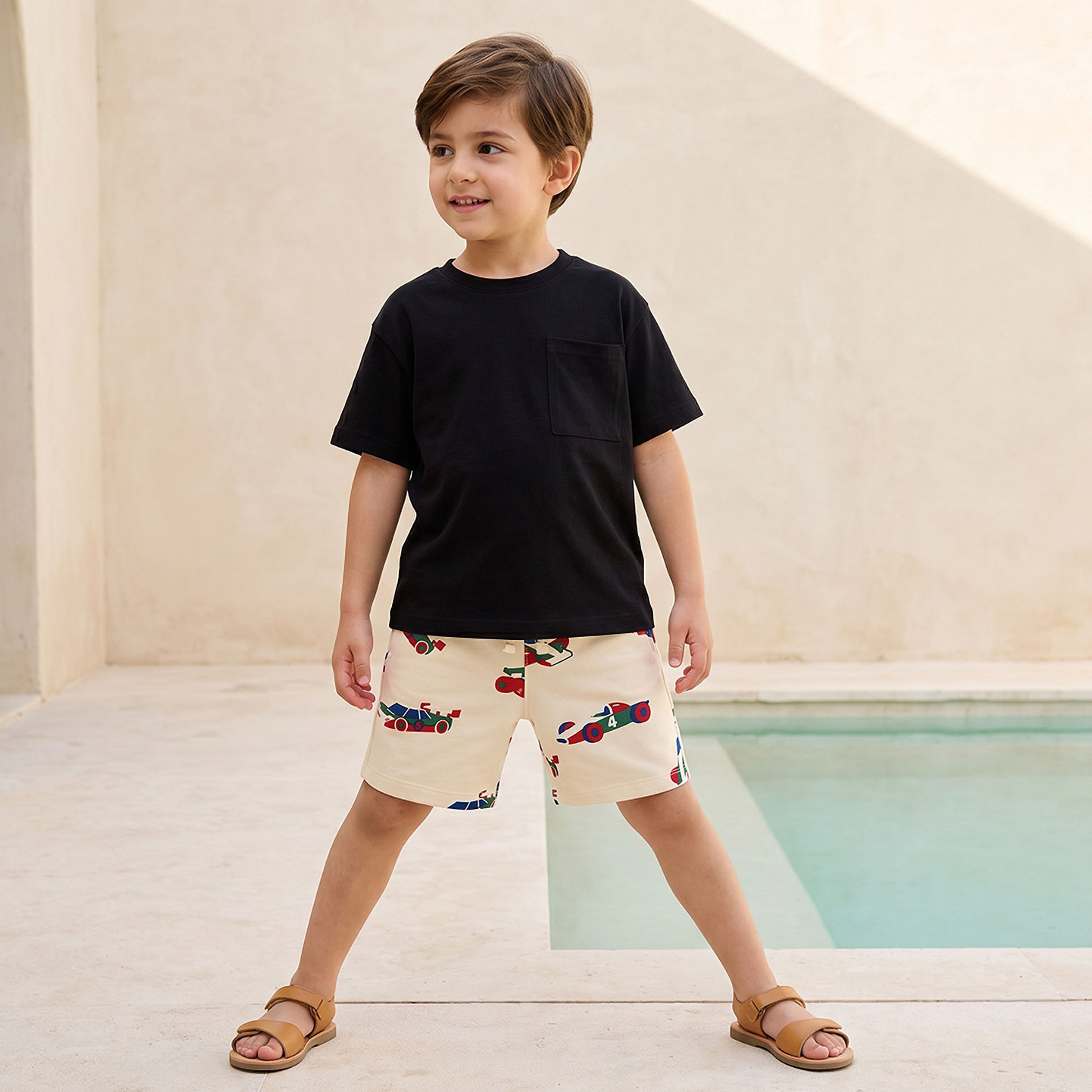 Juniors Knee Length Elasticated Drawstring Waist Shorts with Racing Car Print-boys-clothing-bottoms-shorts-image-5