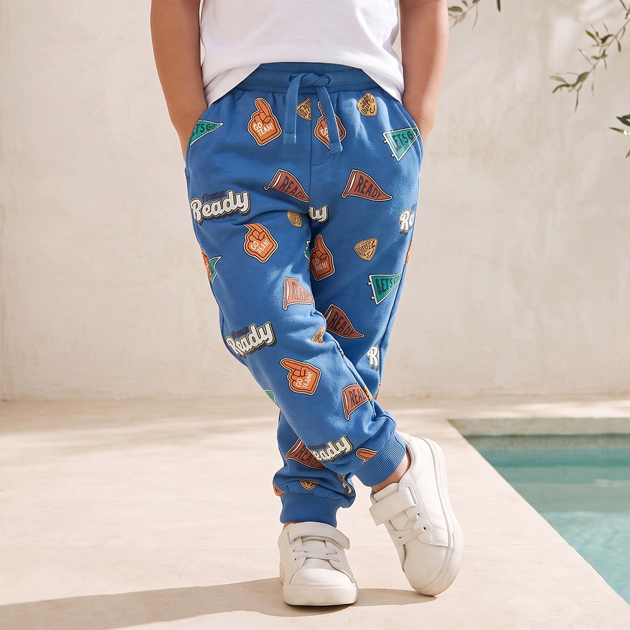 Juniors Elasticated Drawstring Waist Joggers with Print-boys-clothing-bottoms-joggersandtrackpants-image-1