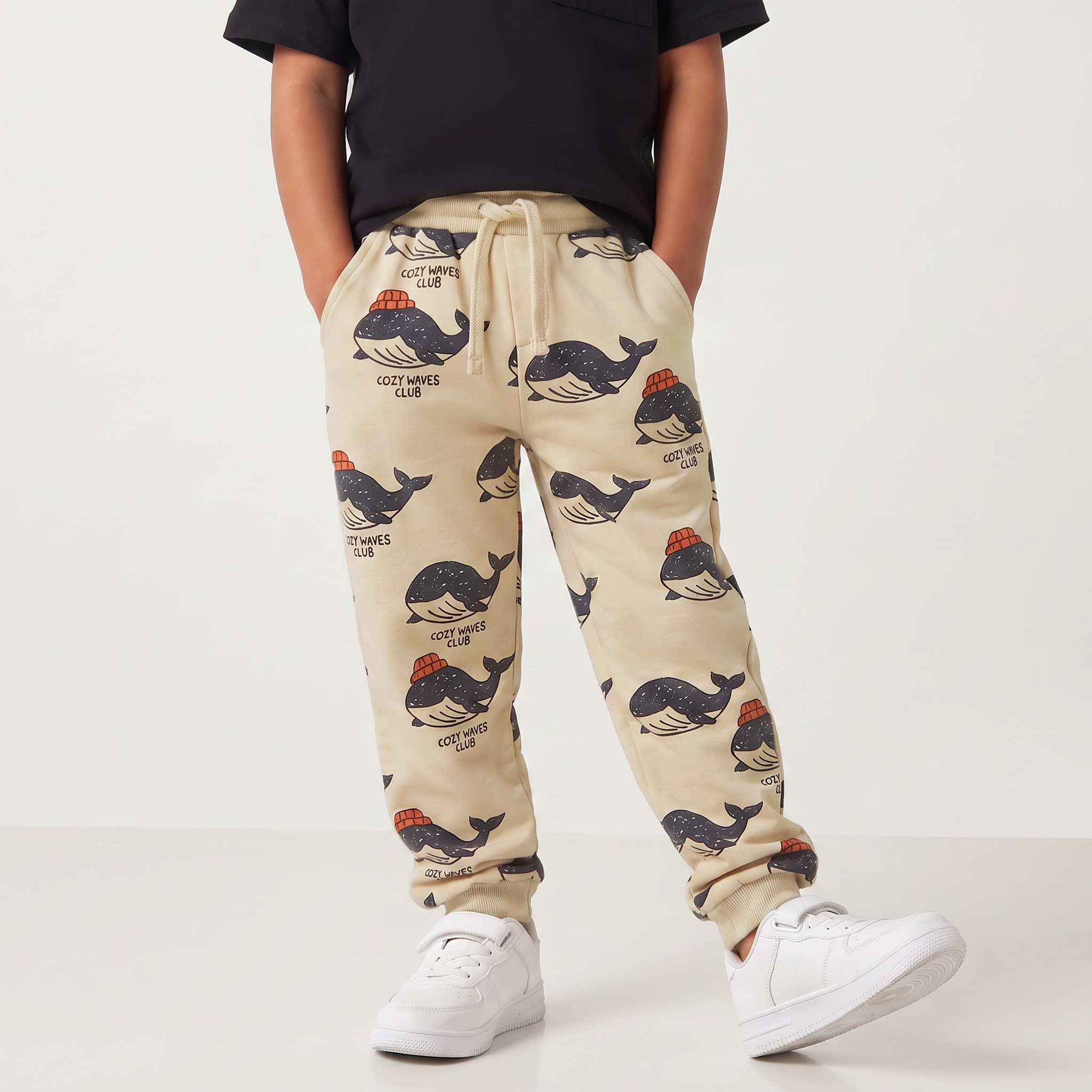 Juniors Elasticated Drawstring Waist Joggers with Whale Print-boys-clothing-bottoms-joggersandtrackpants-image-1