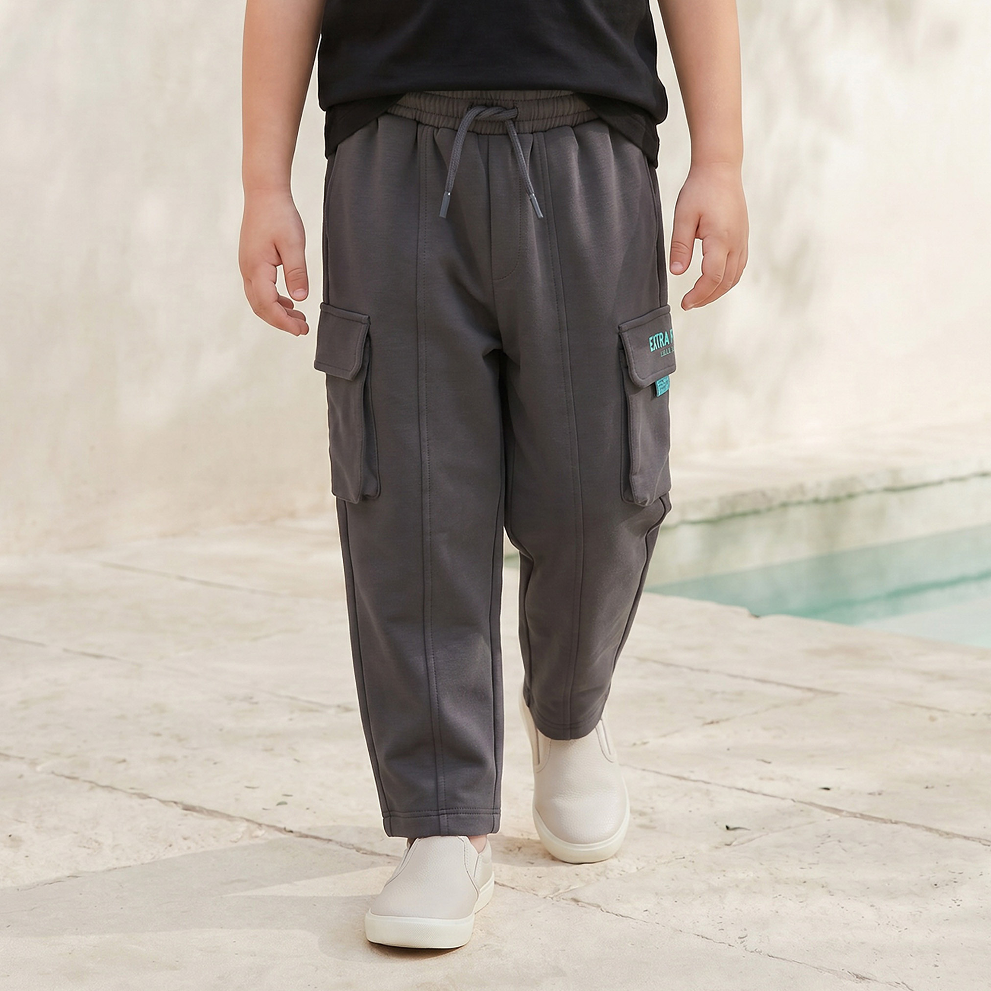 Juniors Elasticated Drawstring Waist Cargo Joggers with Panelled Design-boys-clothing-bottoms-joggersandtrackpants-image-1