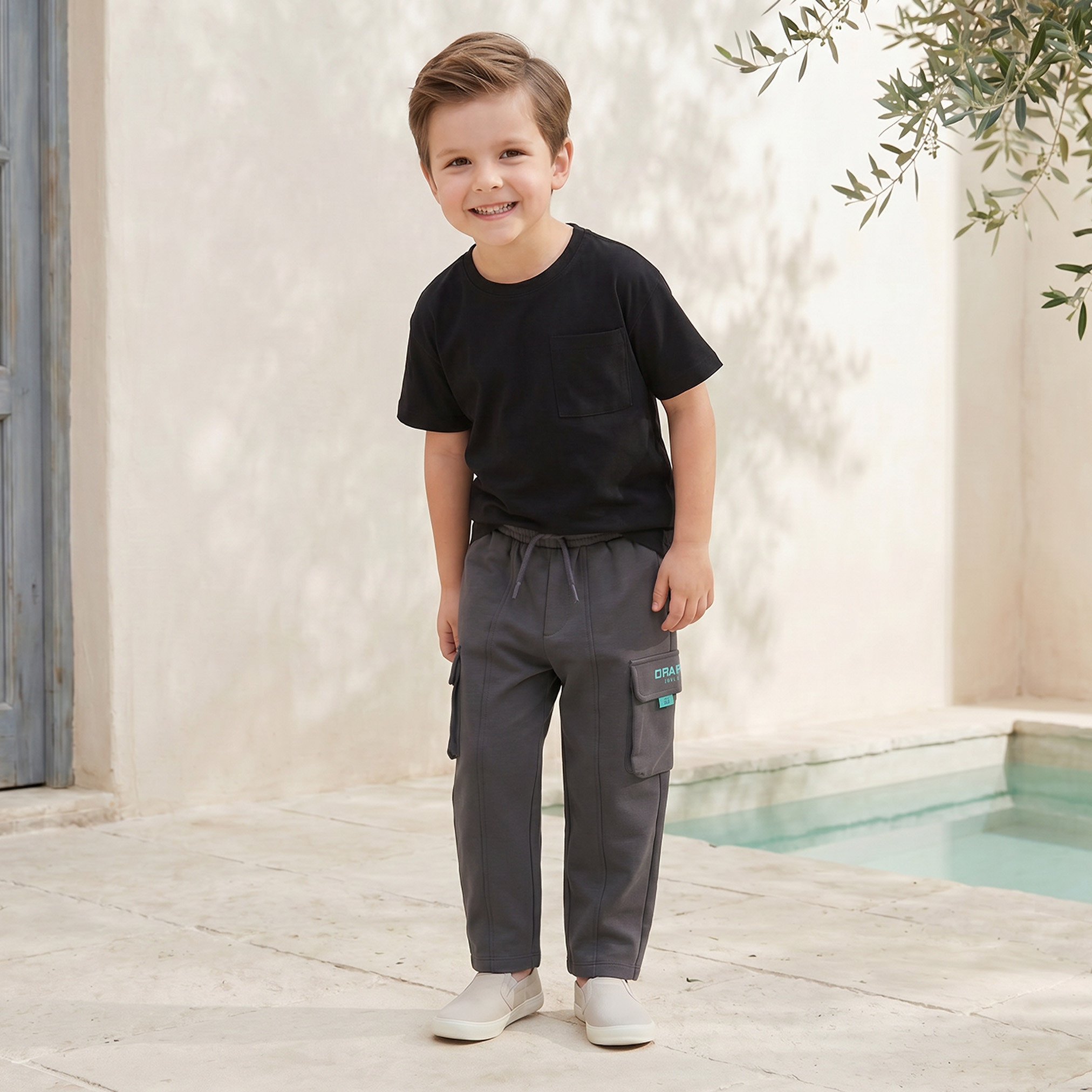Juniors Elasticated Drawstring Waist Cargo Joggers with Panelled Design-boys-clothing-bottoms-joggersandtrackpants-image-2