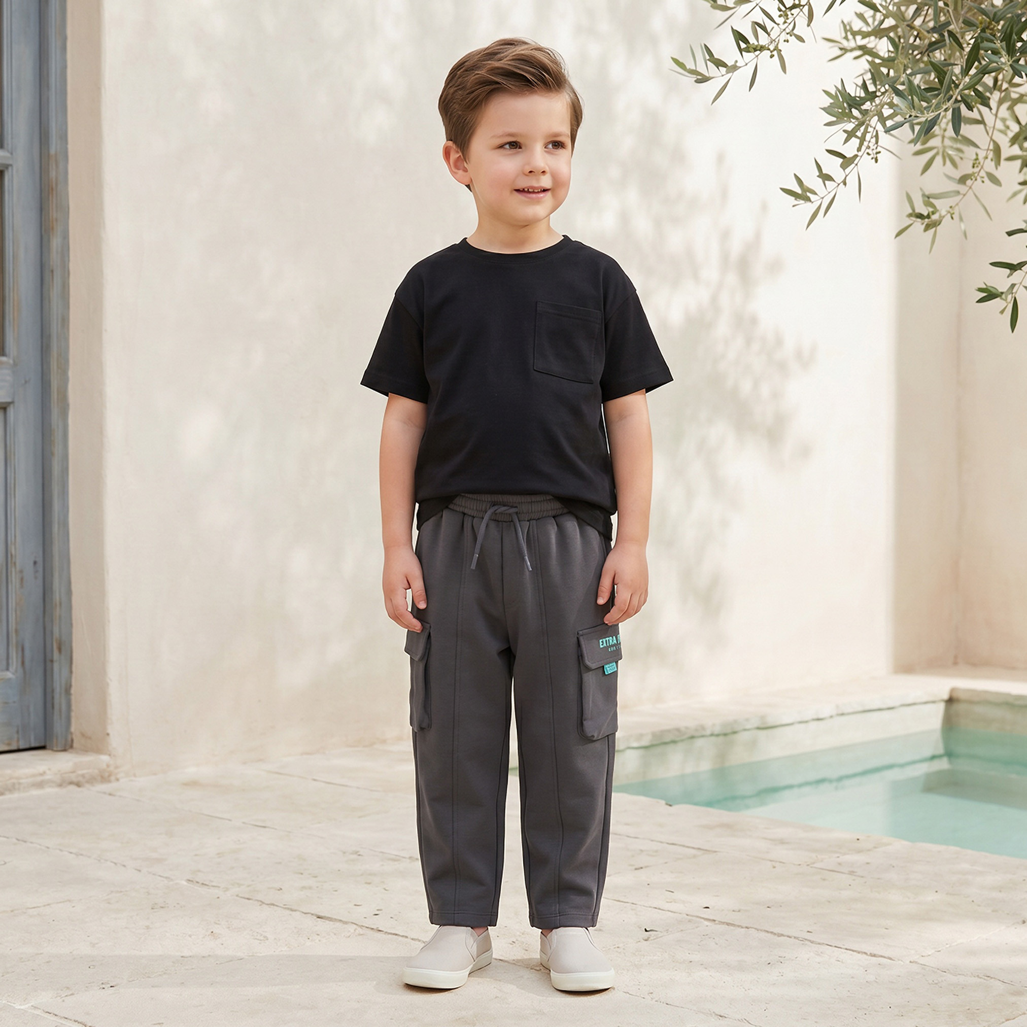 Juniors Elasticated Drawstring Waist Cargo Joggers with Panelled Design-boys-clothing-bottoms-joggersandtrackpants-image-5