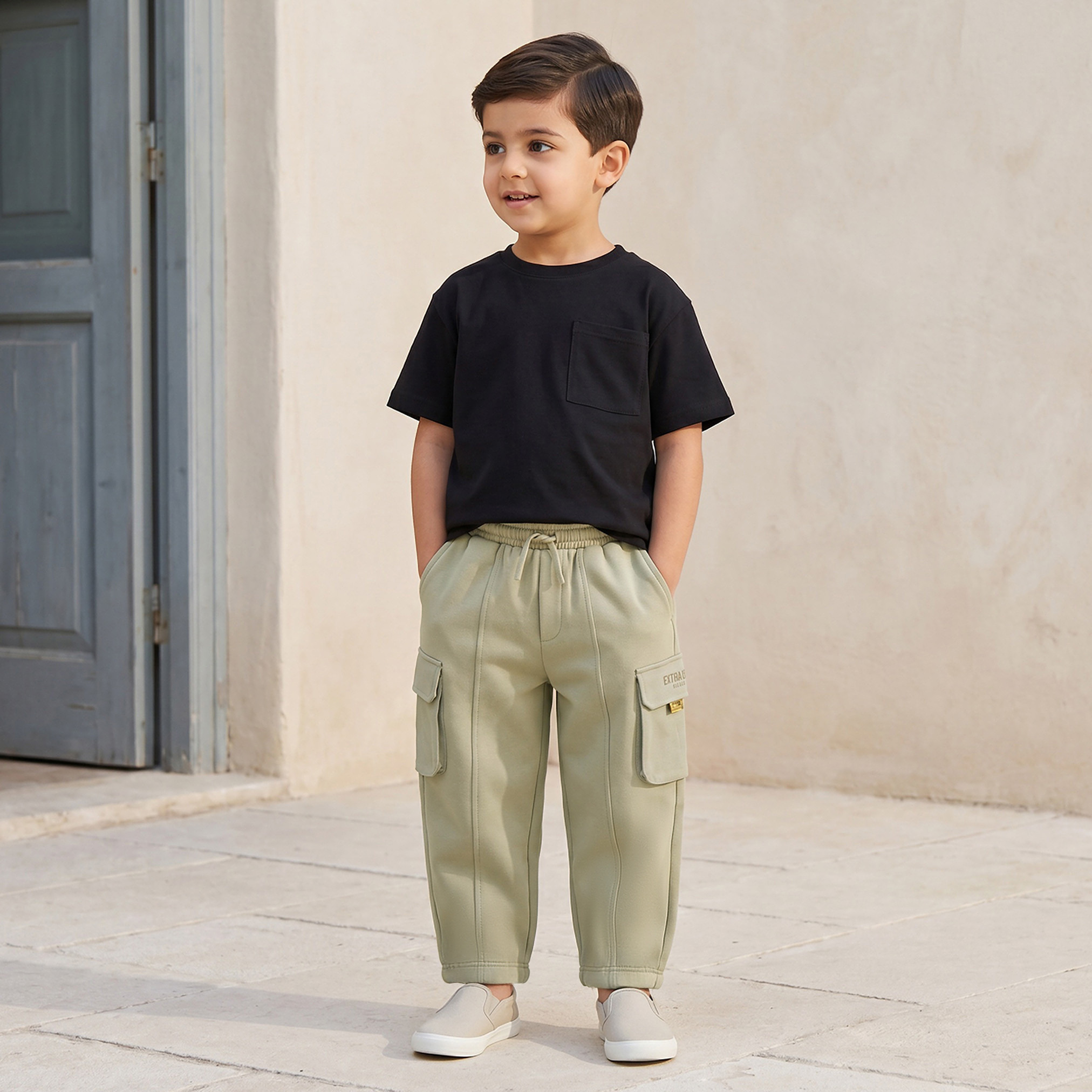 بنطلون جوغرز كارجو بخصر مطاطي برباط وتصميم بخطوط من جونيورز-boys-clothing-bottoms-joggersandtrackpants-image-2