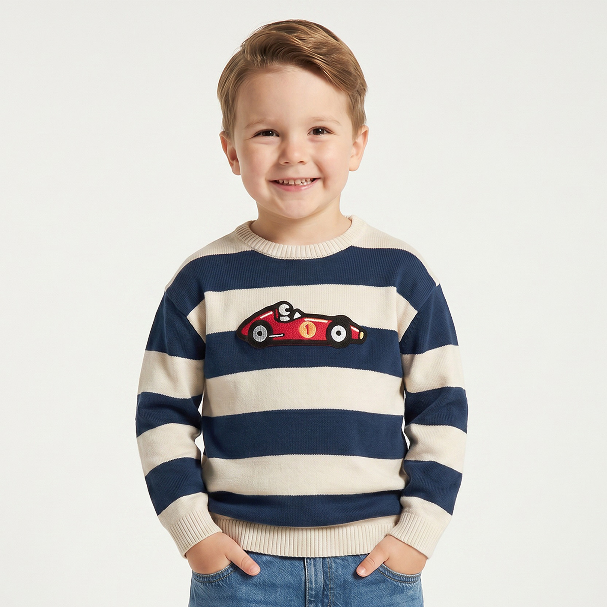 كنزة مخططة بأكمام طويلة وزخارف سيارة سباق من جونيورز-baby-boys-clothing-winterwear-jumpersandcardigans-image-1