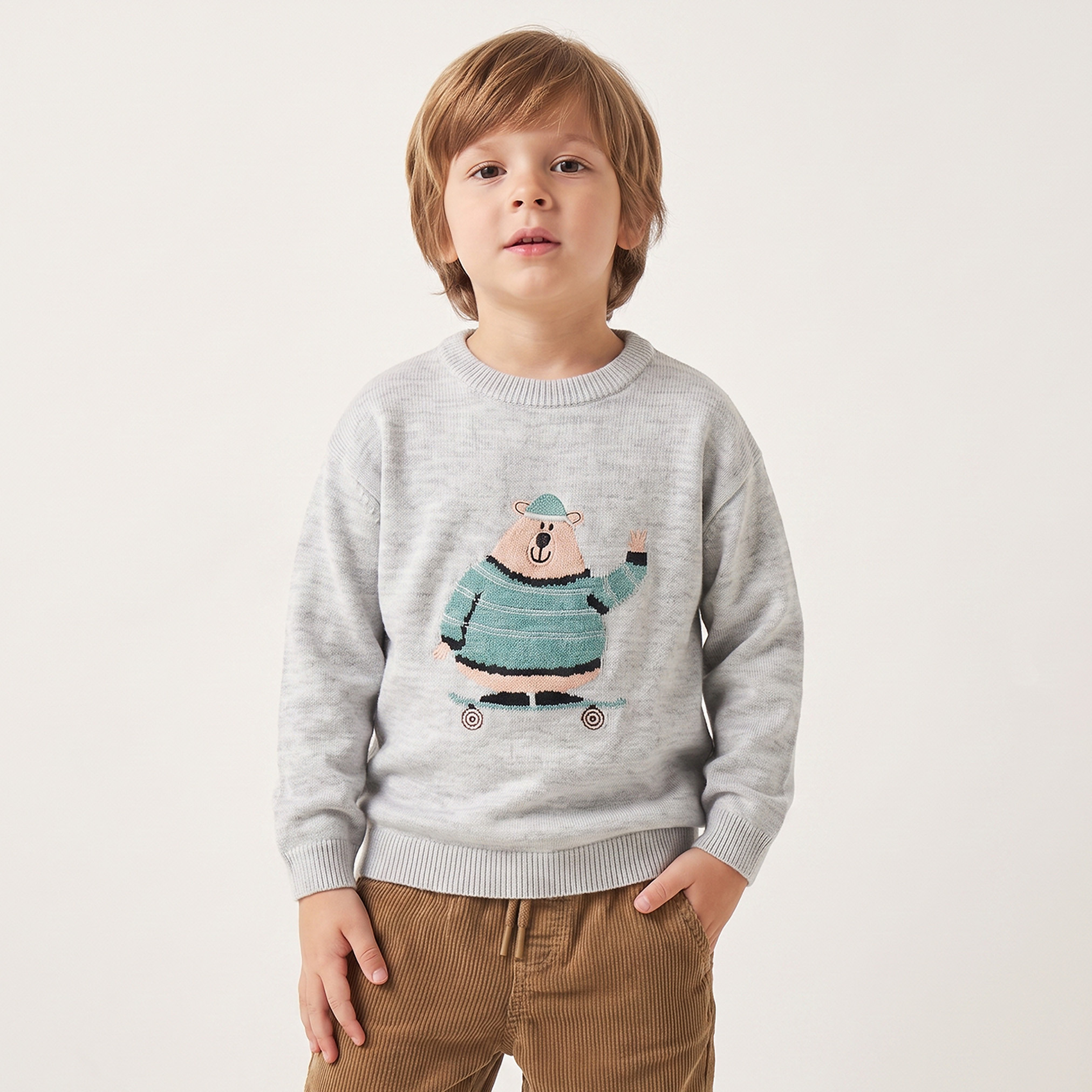Juniors Bear Embroidered Sweater with Long Sleeves-baby-boys-clothing-winterwear-jumpersandcardigans-image-1
