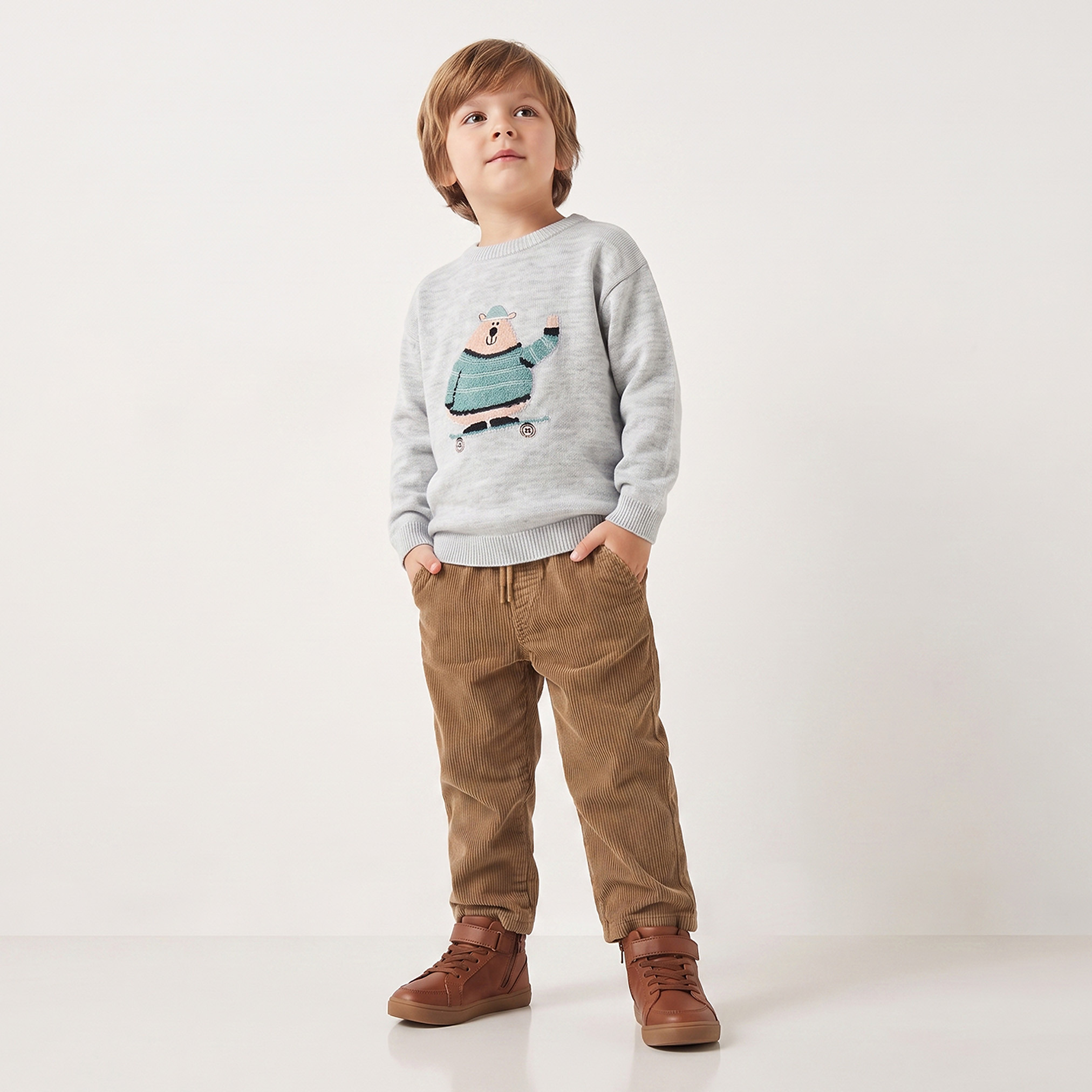 Juniors Bear Embroidered Sweater with Long Sleeves-baby-boys-clothing-winterwear-jumpersandcardigans-image-2