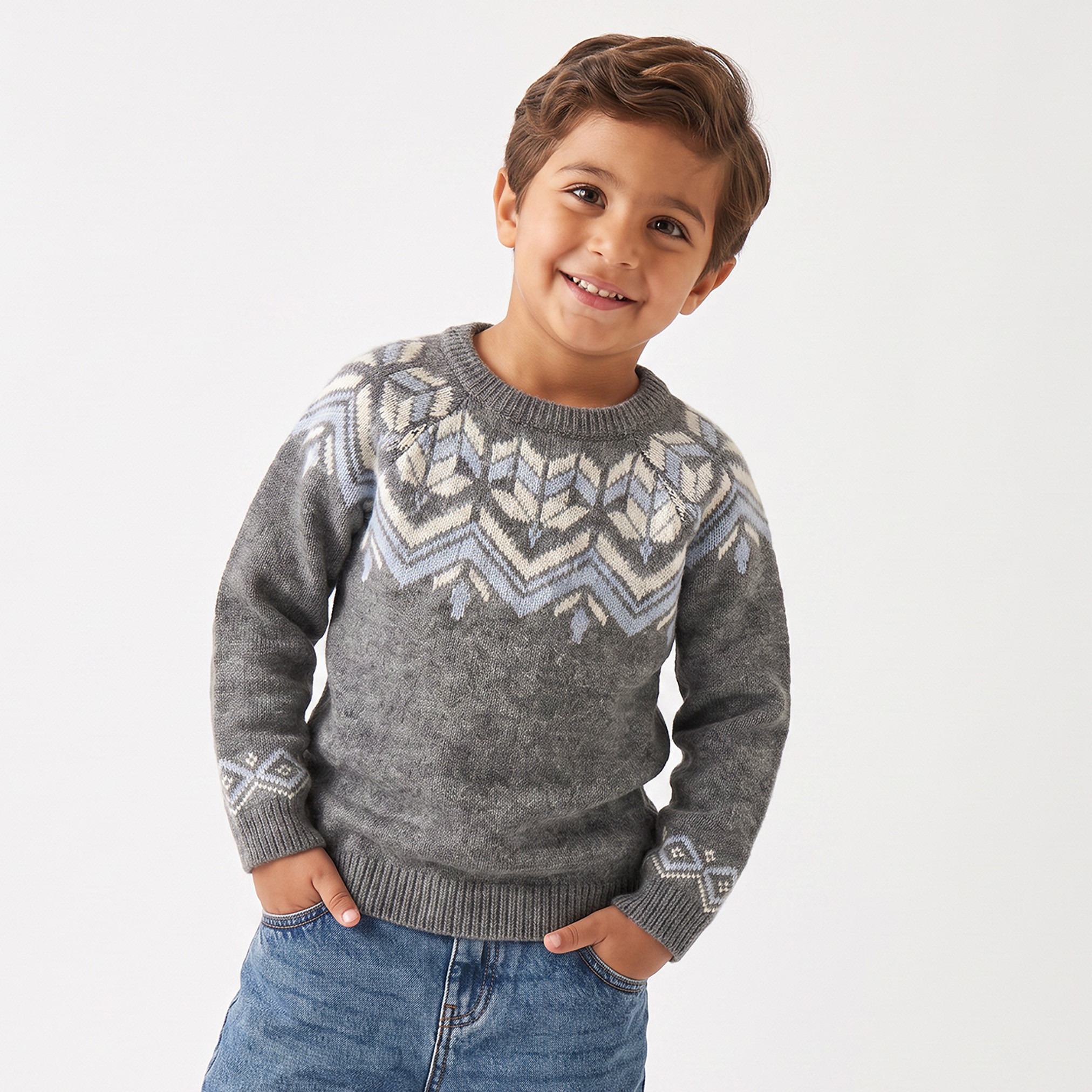 Juniors Geometric Print Sweater with Long Sleeves-baby-boys-clothing-winterwear-jumpersandcardigans-image-1