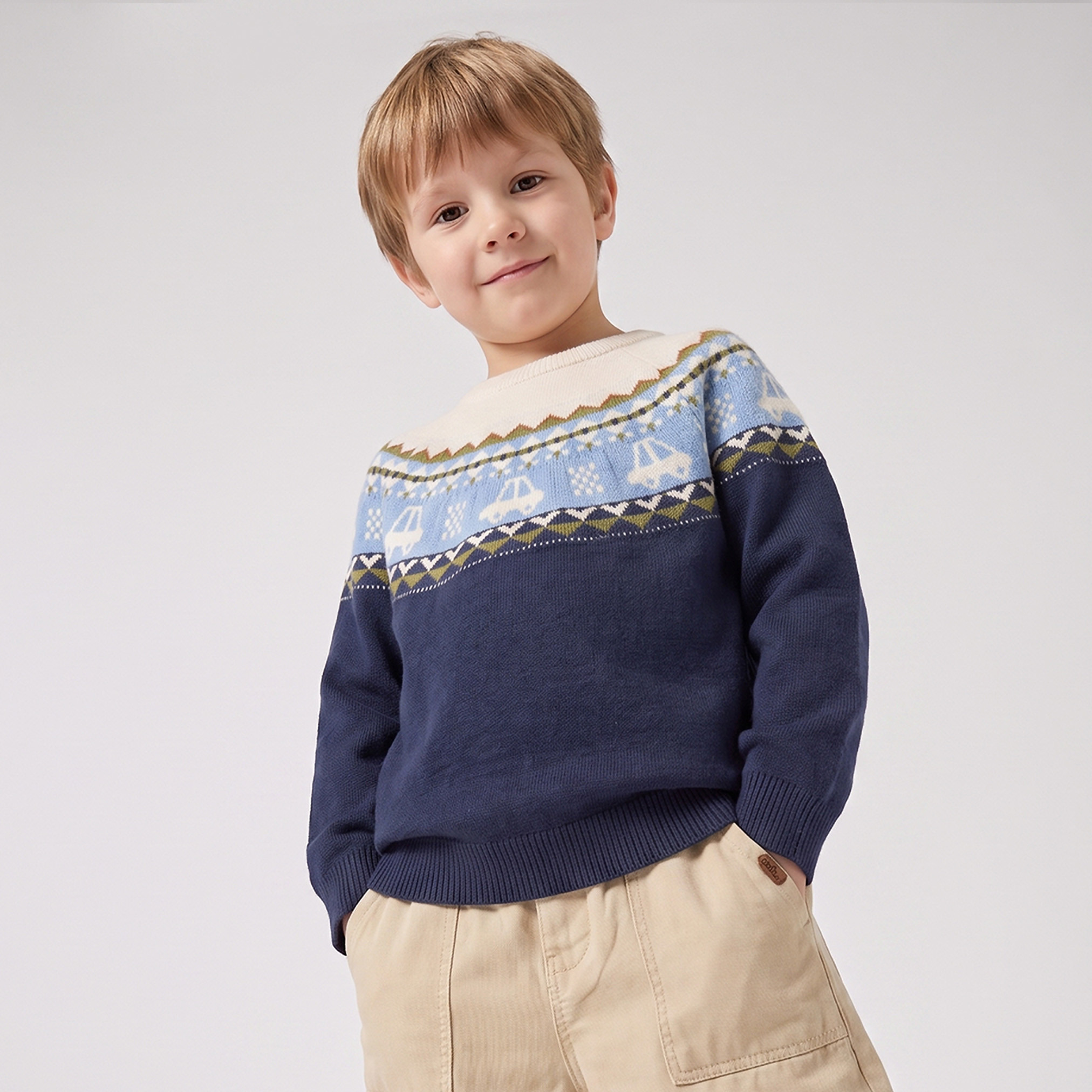 Juniors Car Print Sweater with Long Sleeves-baby-boys-clothing-winterwear-jumpersandcardigans-image-1