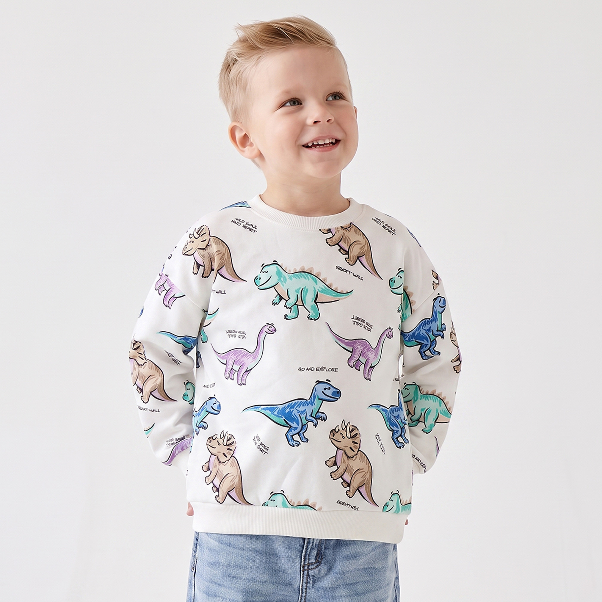 Juniors Dinosaur Print Sweatshirt with Long Sleeves-baby-boys-clothing-winterwear-sweatshirts-image-1