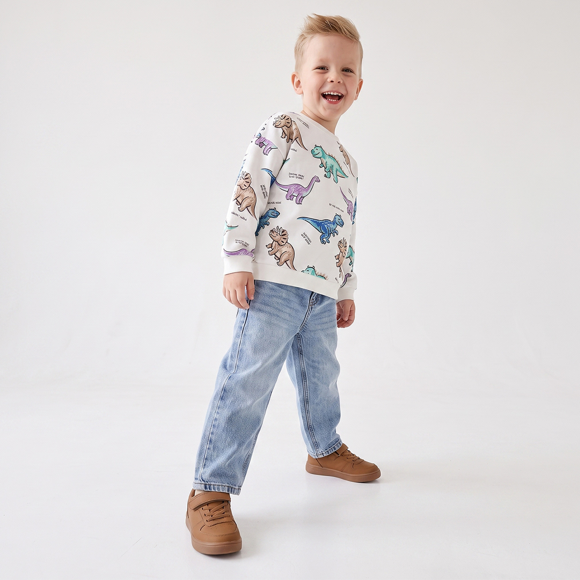 Juniors Dinosaur Print Sweatshirt with Long Sleeves-baby-boys-clothing-winterwear-sweatshirts-image-2