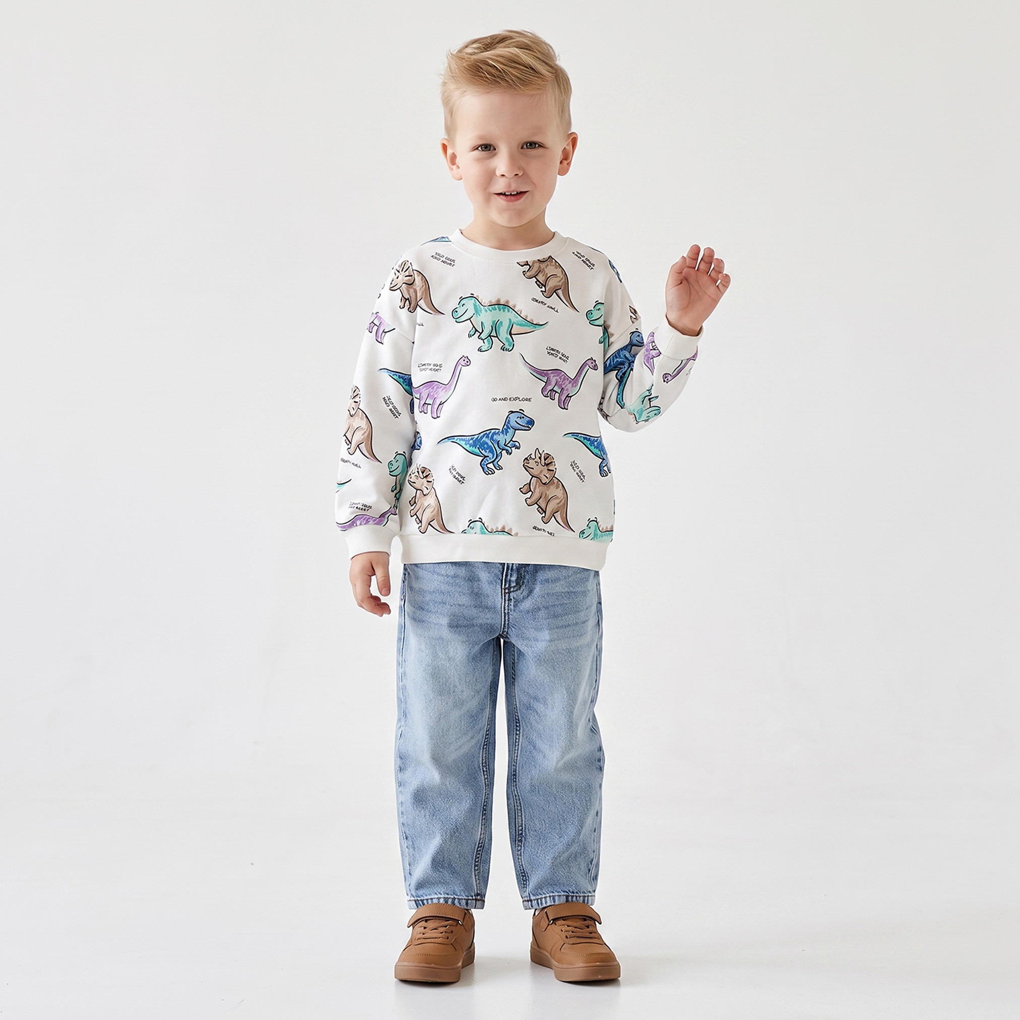 Juniors Dinosaur Print Sweatshirt with Long Sleeves-baby-boys-clothing-winterwear-sweatshirts-image-5