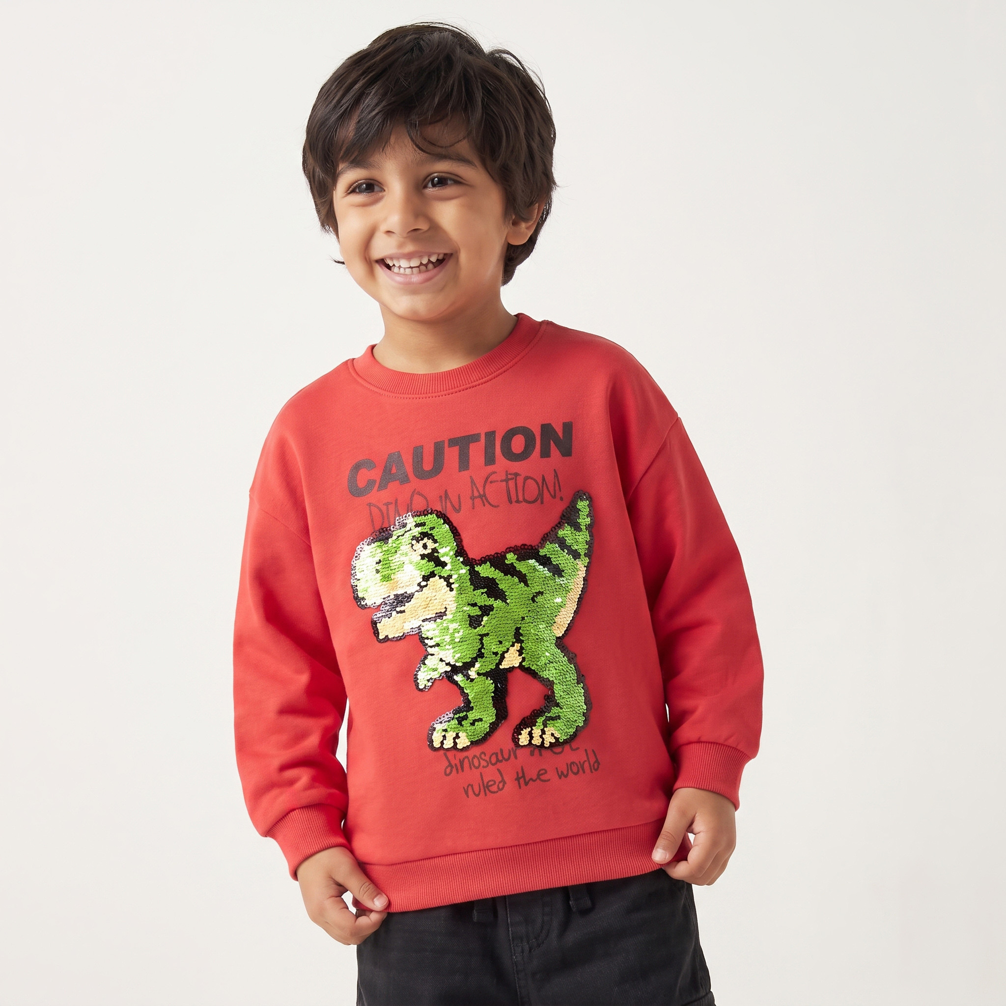 Juniors Dinosaur Embellished Sweatshirt with Long Sleeves-baby-boys-clothing-winterwear-sweatshirts-image-1