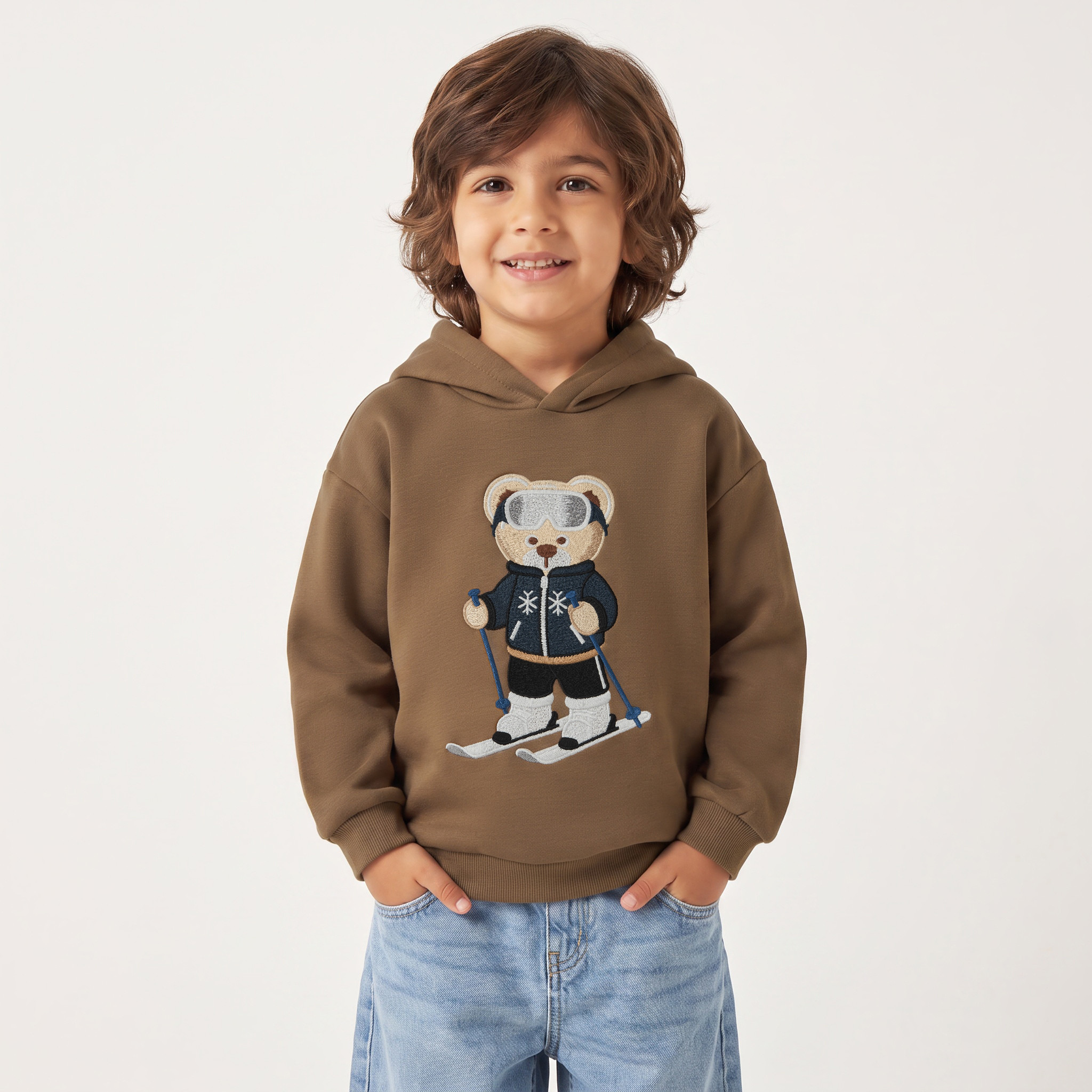 Juniors Skiing Bear Embroidery Hooded Sweatshirt with Long Sleeves-boys-clothing-winterwear-sweatshirts-image-1