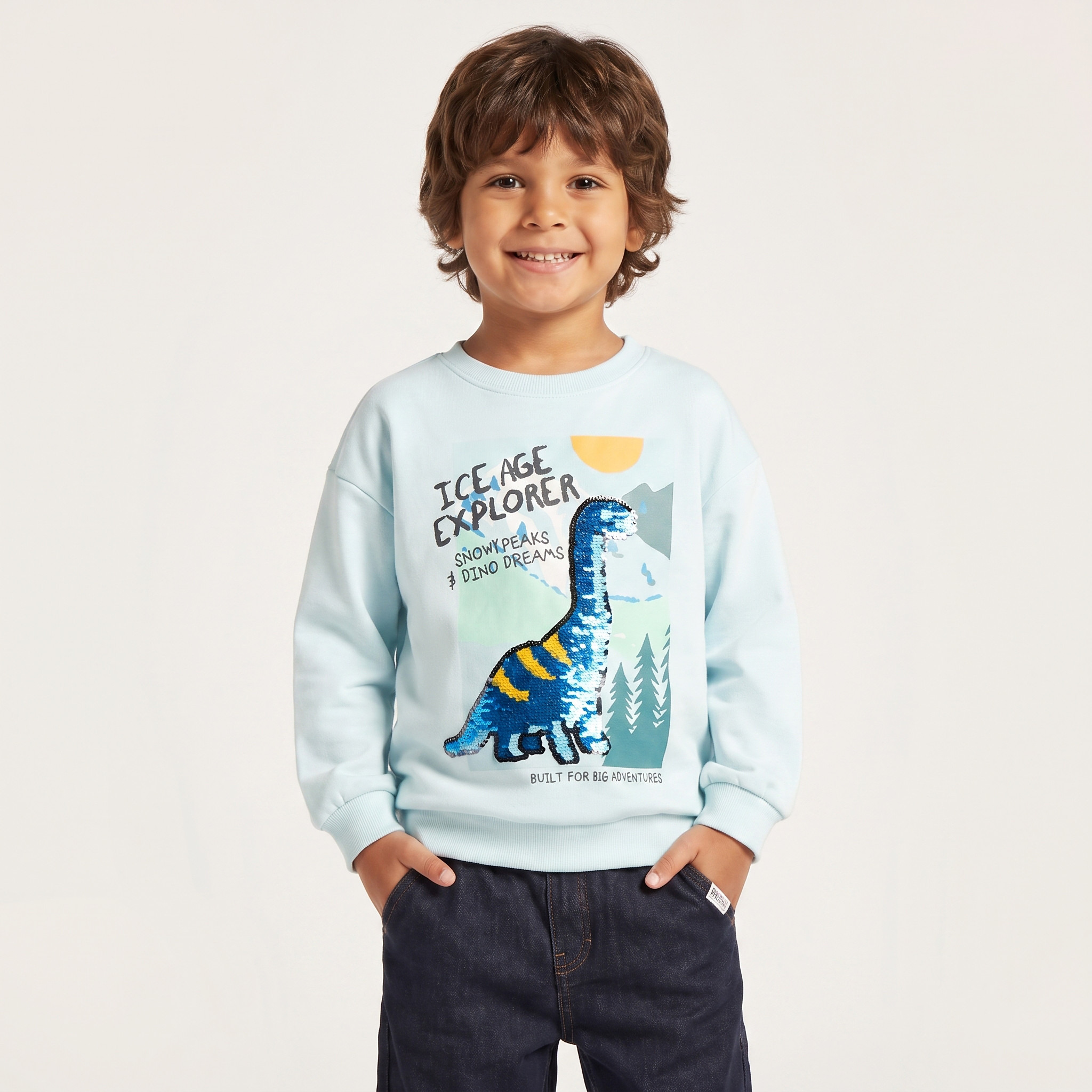 Juniors Dinosaur Embellished Sweatshirt with Long Sleeves-baby-boys-clothing-winterwear-sweatshirts-image-1
