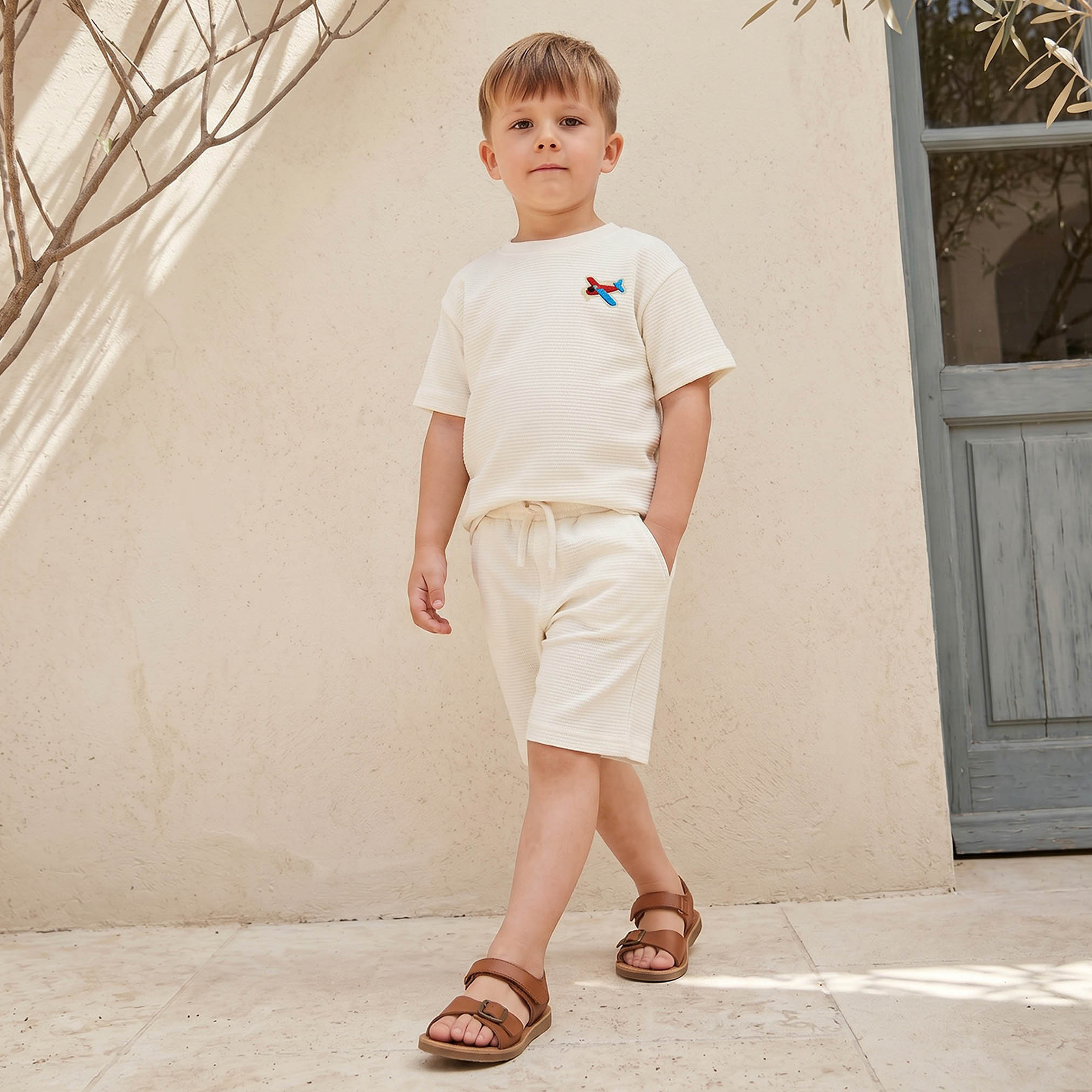 Juniors Crew Neck Short Sleeves T-shirt and Shorts Set with Textured Design-boys-clothing-setsandcoords-image-1