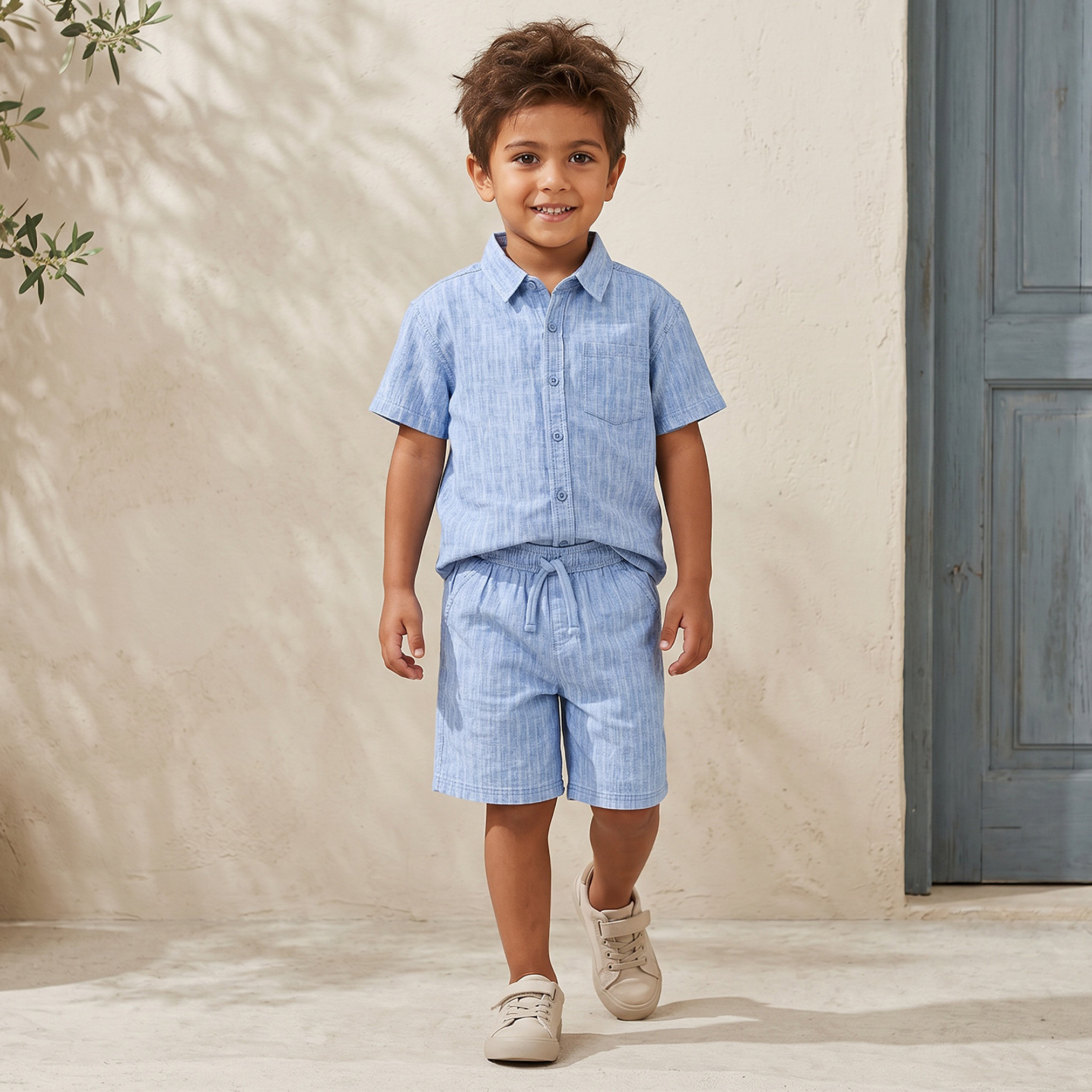 Juniors Collared Short Sleeves Shirt and Shorts Set with Striped Design-boys-clothing-setsandcoords-image-1