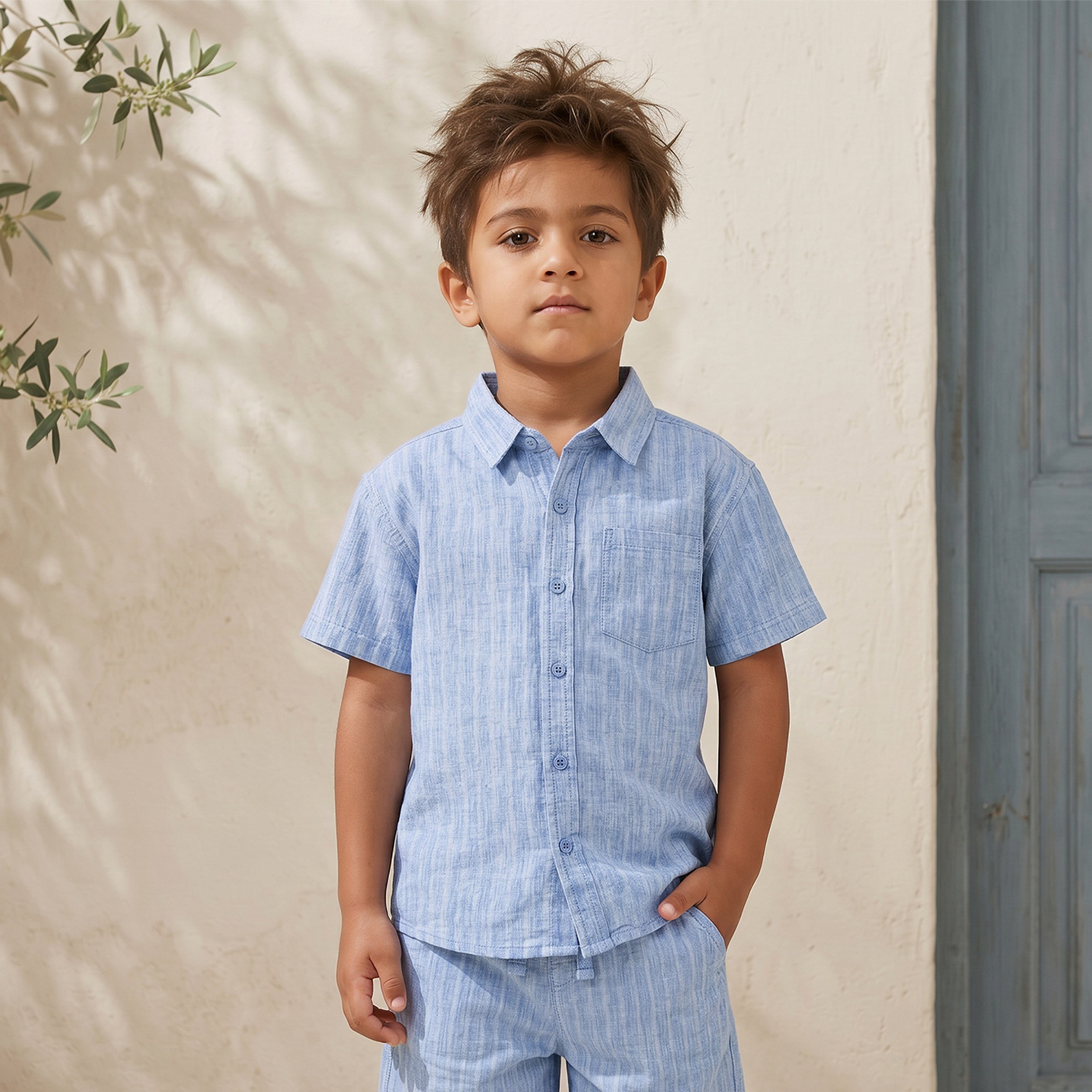 Juniors Collared Short Sleeves Shirt and Shorts Set with Striped Design-boys-clothing-setsandcoords-image-2
