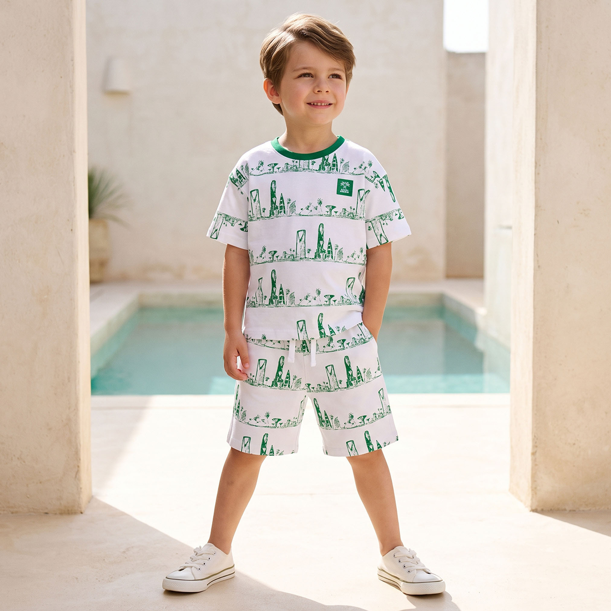 Juniors Crew Neck Short Sleeves T-shirt and Shorts Set with KSA National Day Print-boys-clothing-setsandcoords-image-1