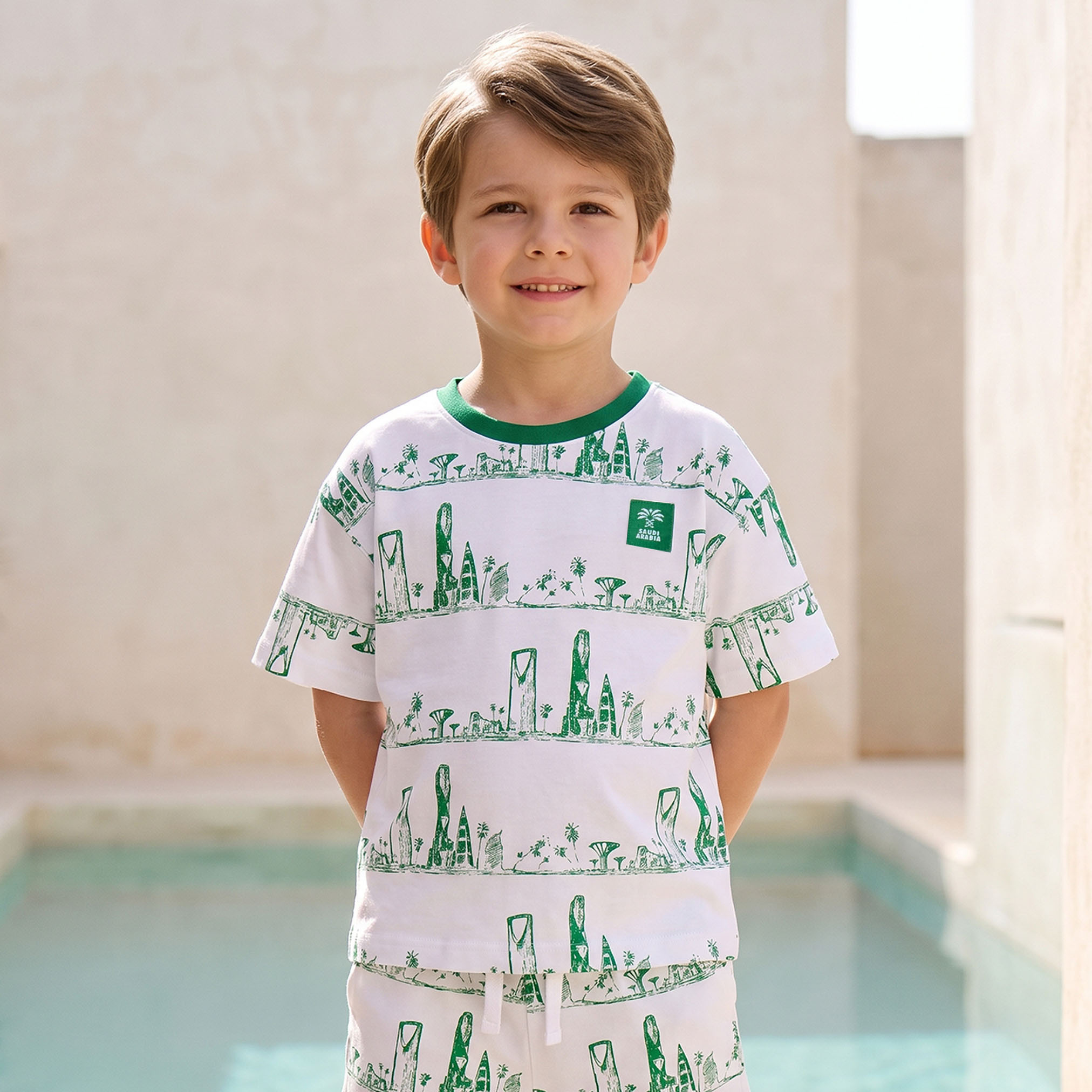 Juniors Crew Neck Short Sleeves T-shirt and Shorts Set with KSA National Day Print-boys-clothing-setsandcoords-image-2