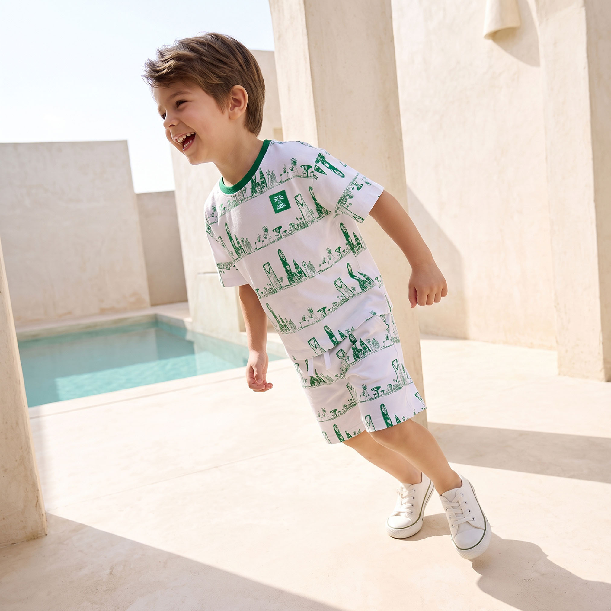 Juniors Crew Neck Short Sleeves T-shirt and Shorts Set with KSA National Day Print-boys-clothing-setsandcoords-image-7