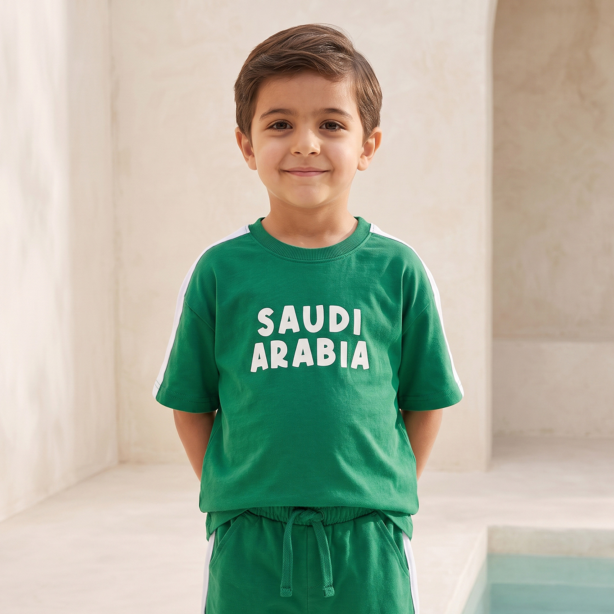 Juniors Crew Neck Short Sleeves T-shirt and Shorts Set with KSA National Day Print-boys-clothing-setsandcoords-image-2
