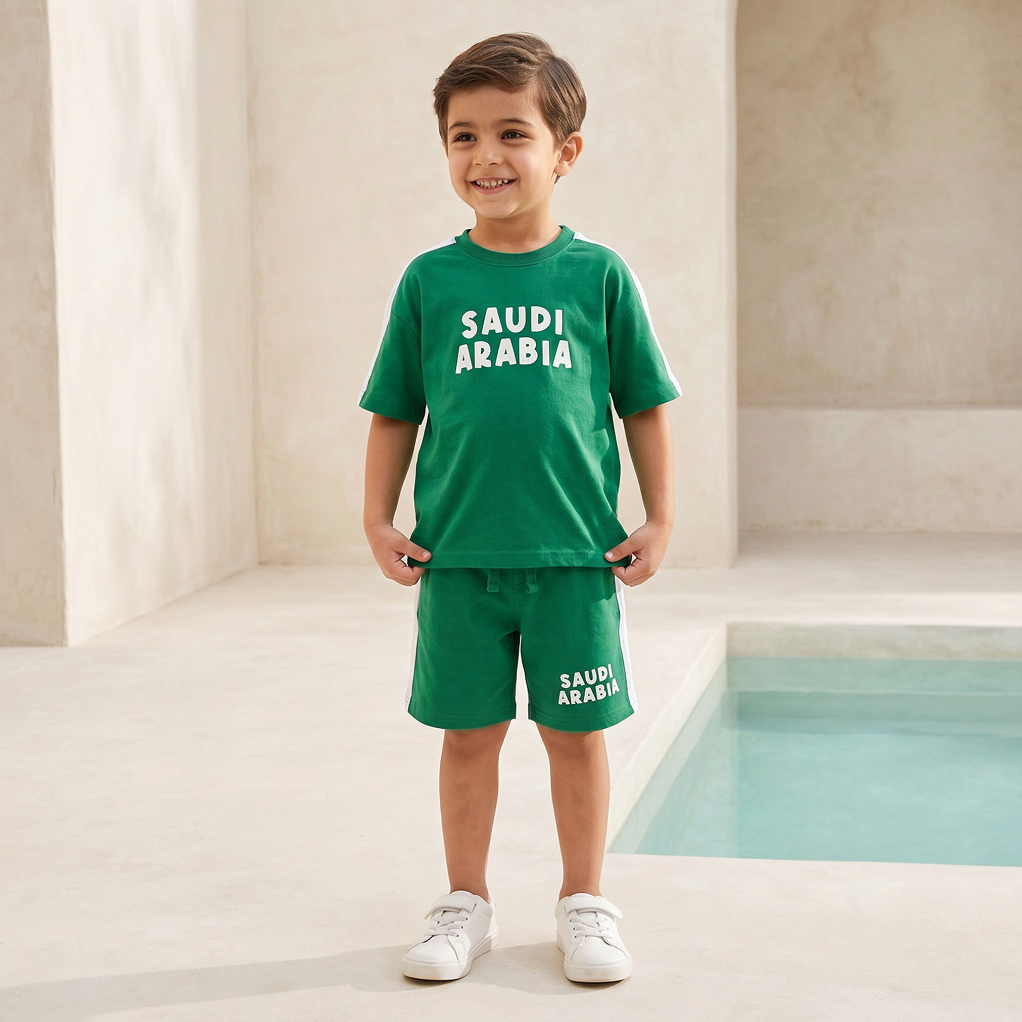 Juniors Crew Neck Short Sleeves T-shirt and Shorts Set with KSA National Day Print-boys-clothing-setsandcoords-image-7