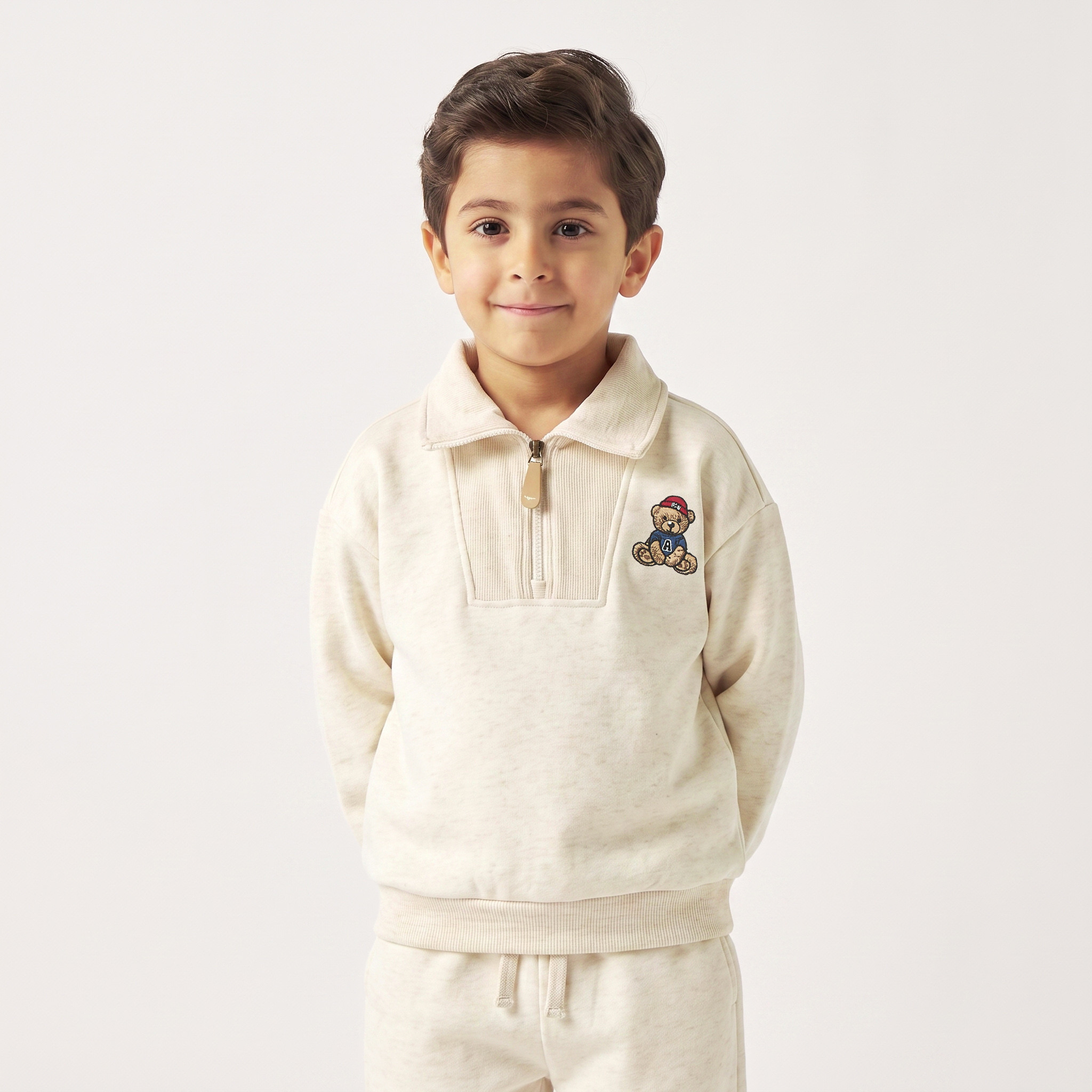 Juniors Collared Long Sleeves Sweatshirt and Joggers Set with Bear Embroidery-boys-clothing-setsandcoords-image-3