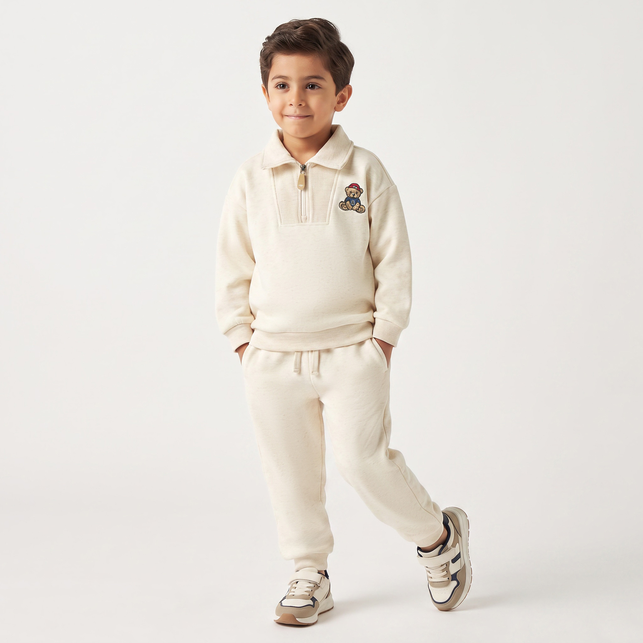 Juniors Collared Long Sleeves Sweatshirt and Joggers Set with Bear Embroidery-boys-clothing-setsandcoords-image-7