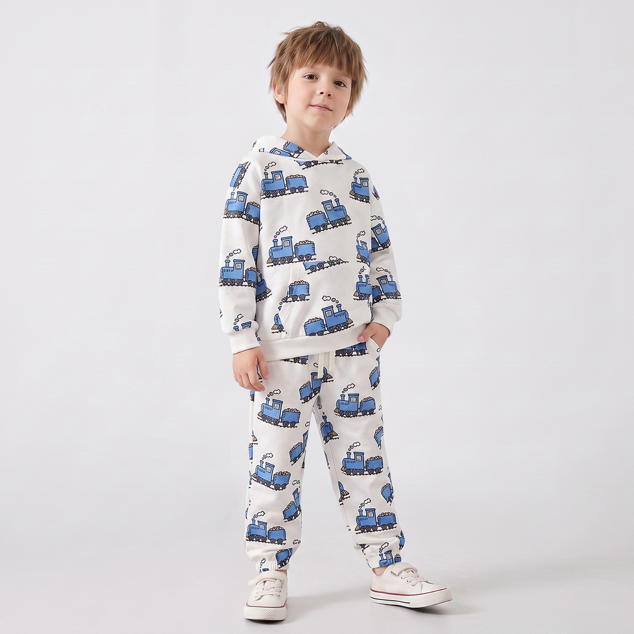 Juniors Hooded Long Sleeves Sweatshirt and Joggers Set with Steam Train Print-boys-clothing-setsandcoords-image-1
