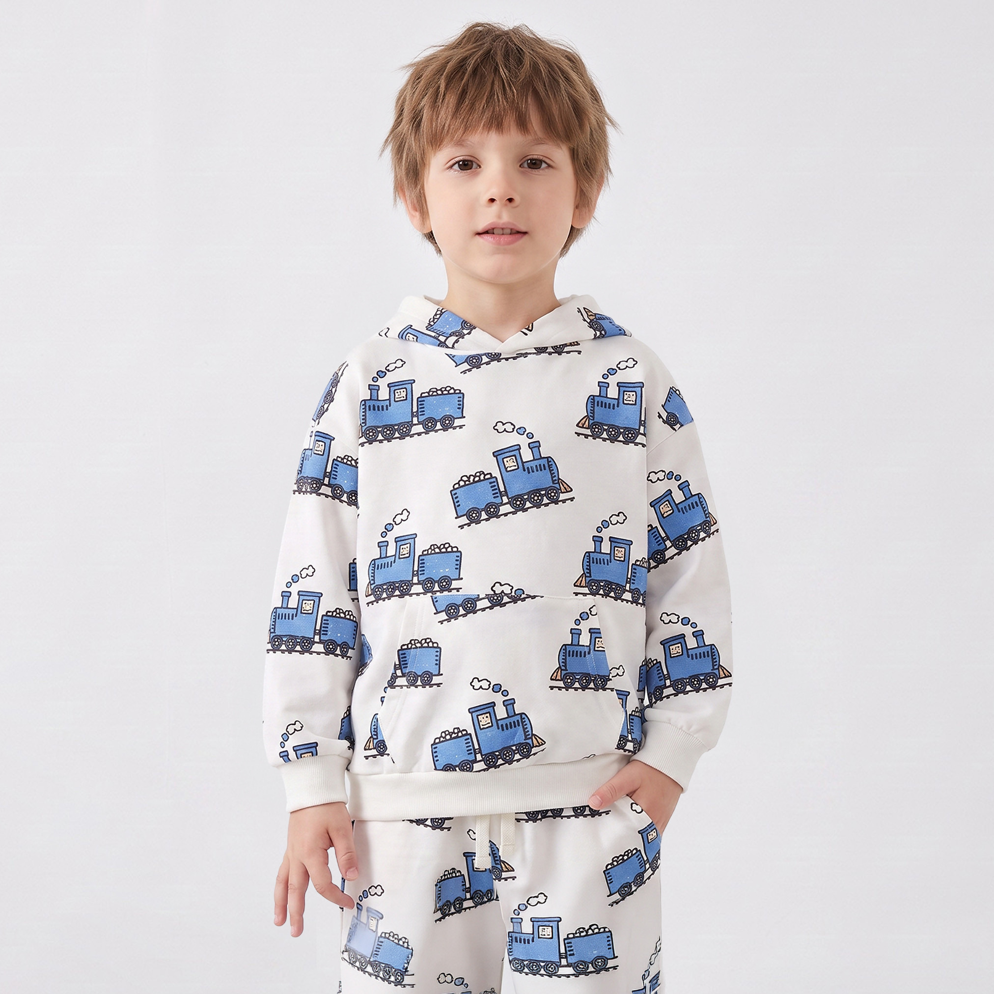 Juniors Hooded Long Sleeves Sweatshirt and Joggers Set with Steam Train Print-boys-clothing-setsandcoords-image-2