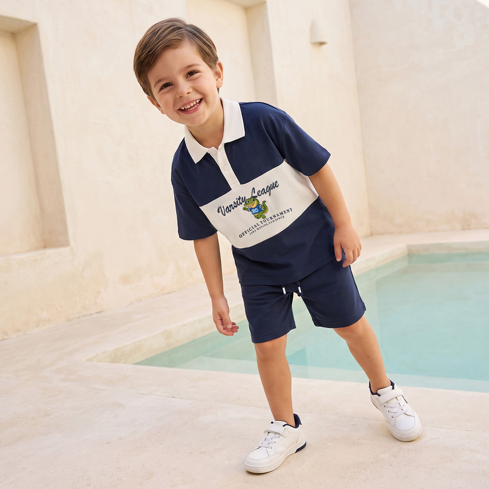 Juniors Collared Short Sleeves T-shirt and Shorts Set with Varsity Print-boys-clothing-setsandcoords-image-1