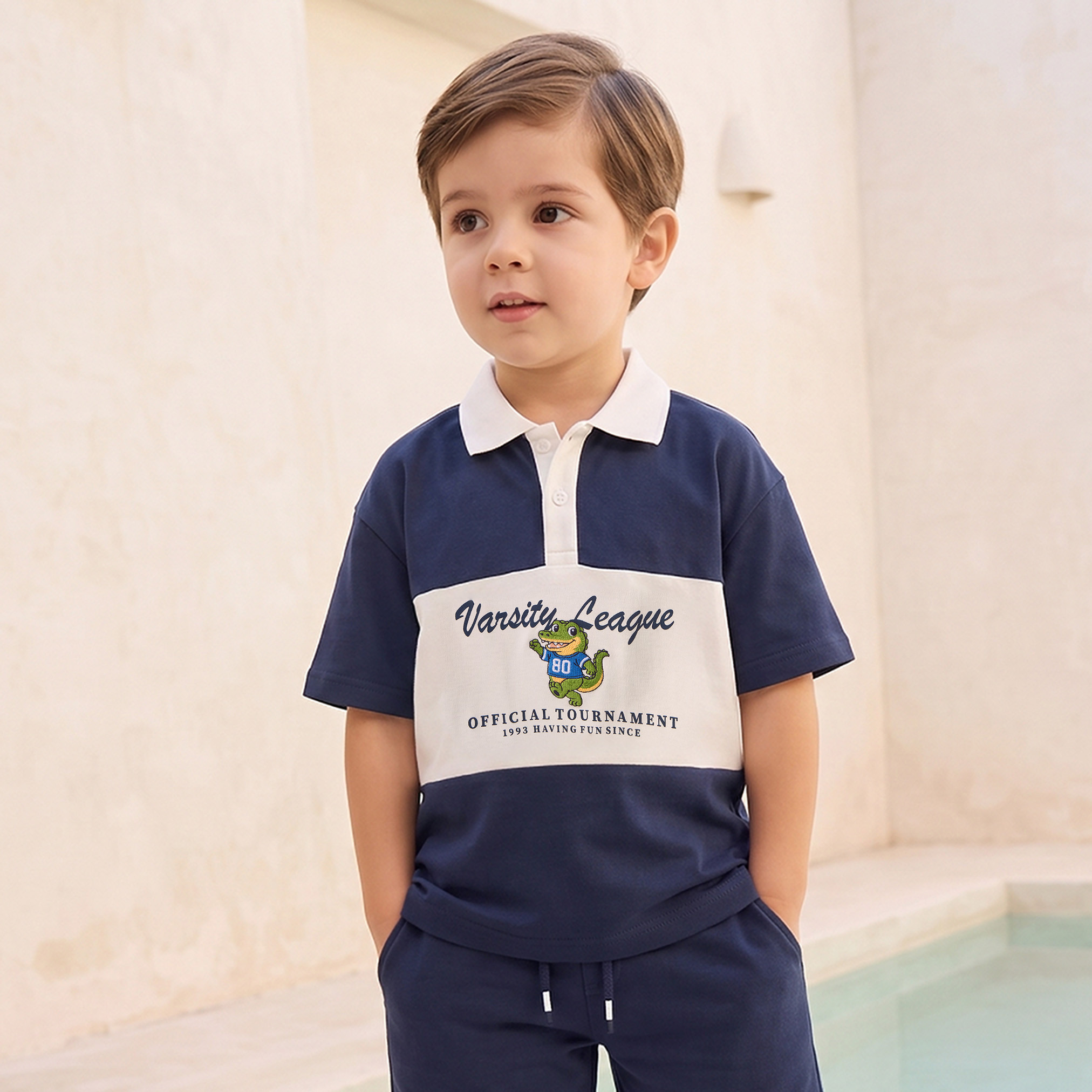 Juniors Collared Short Sleeves T-shirt and Shorts Set with Varsity Print-boys-clothing-setsandcoords-image-2